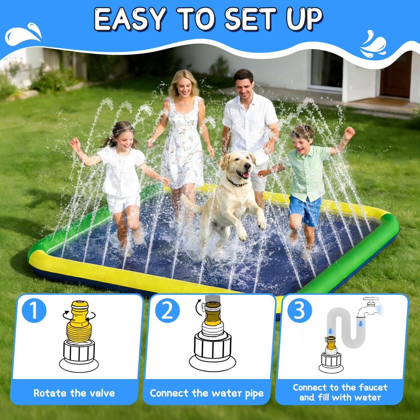 Splash Pad for Kids & Dogs, EPN 140"-100" Extra Large Non-Slip Sprinkler Splash Pad, Thickened 0.5mm PVC Water Play Mat, Outdoor Water Toy for Backyard Summer Fun, Ideal for Toddlers 3+ Boys Girls