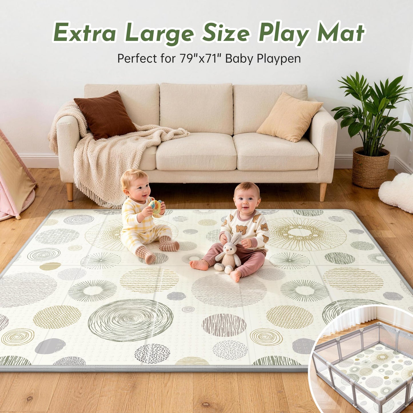 Extra Large Baby Play Mat - Reversible Baby Floor Mat 79x71, Foldable Baby Foam Playmat for Floor, Non-Slip & Thick Baby Play Mat for Floor, Crawling Mat Perfect for Babies, Infants and Toddlers