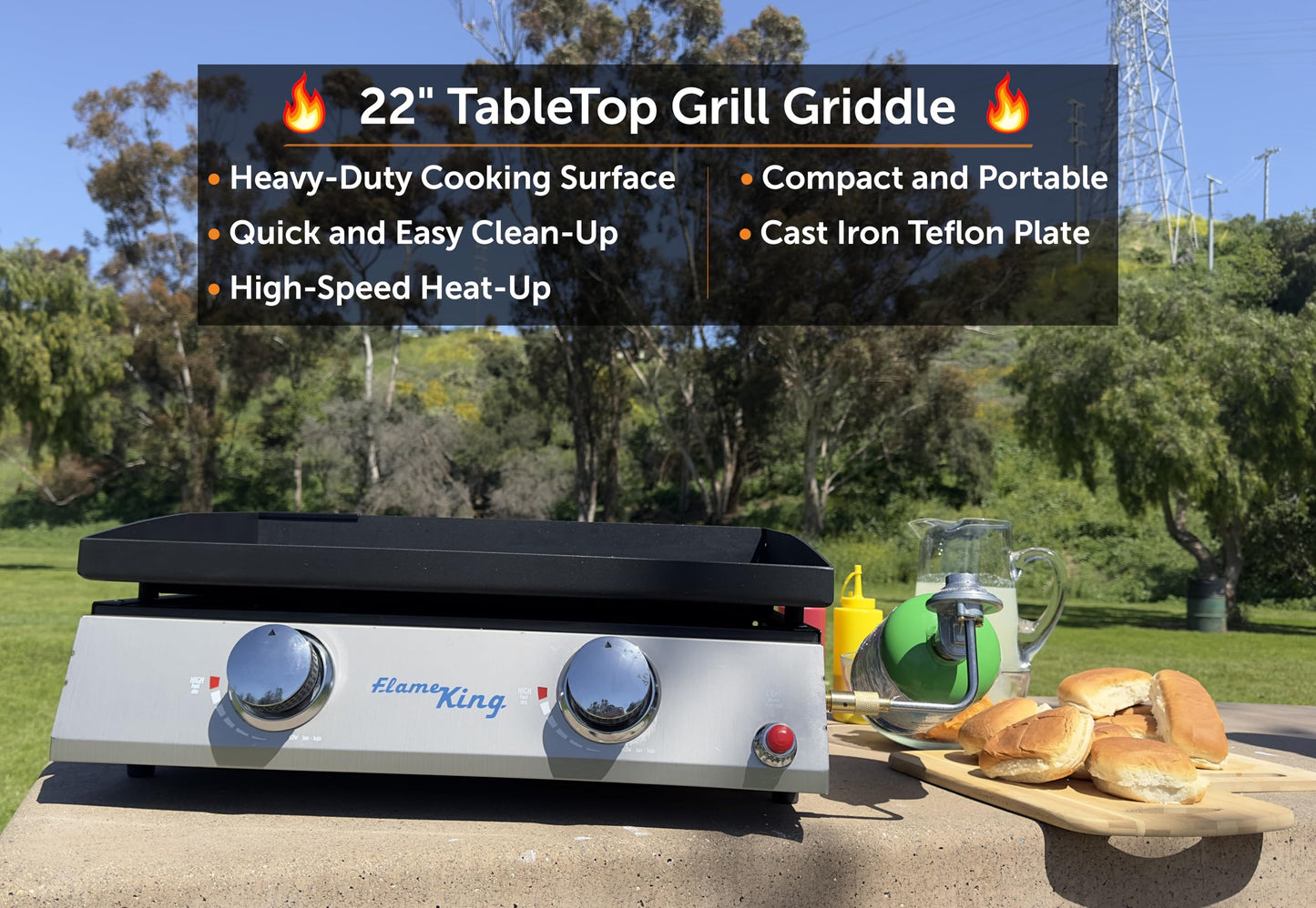 Flame King 22-inch Double Burner Flat Top Griddle for Outdoor BBQ Grill, Portable Propane Gas Griddle for Camping and Tailgating