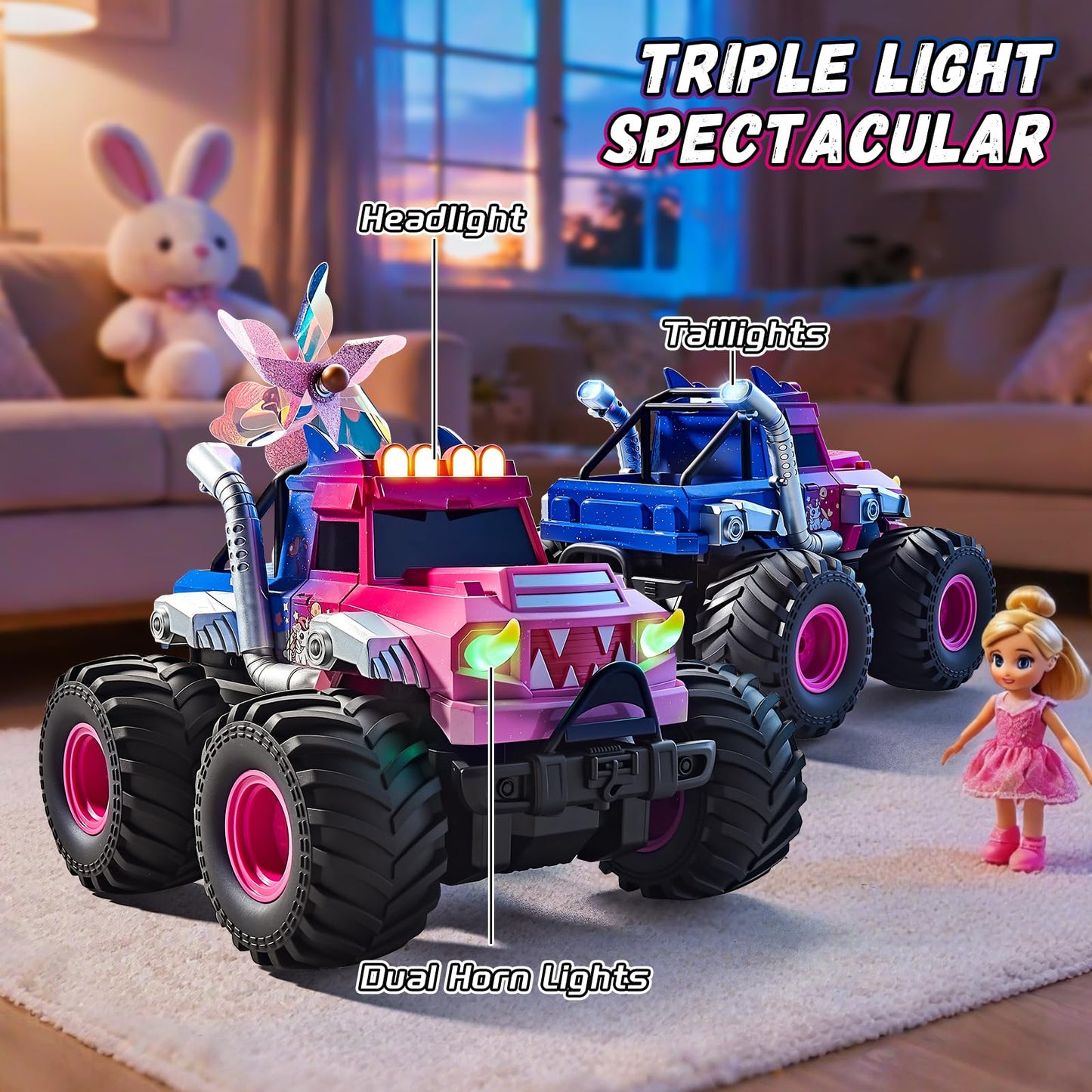 YEESWOOQI Remote Control Car for Girls, Waterproof Pink Monster Truck Toys W/Blocks & 360°Spin, 1:18 Amphibious RC Cars, 4WD All-Terrain Off-Road RC Trucks, Birthday Gifts Pool Toys for Kids Age 3-12