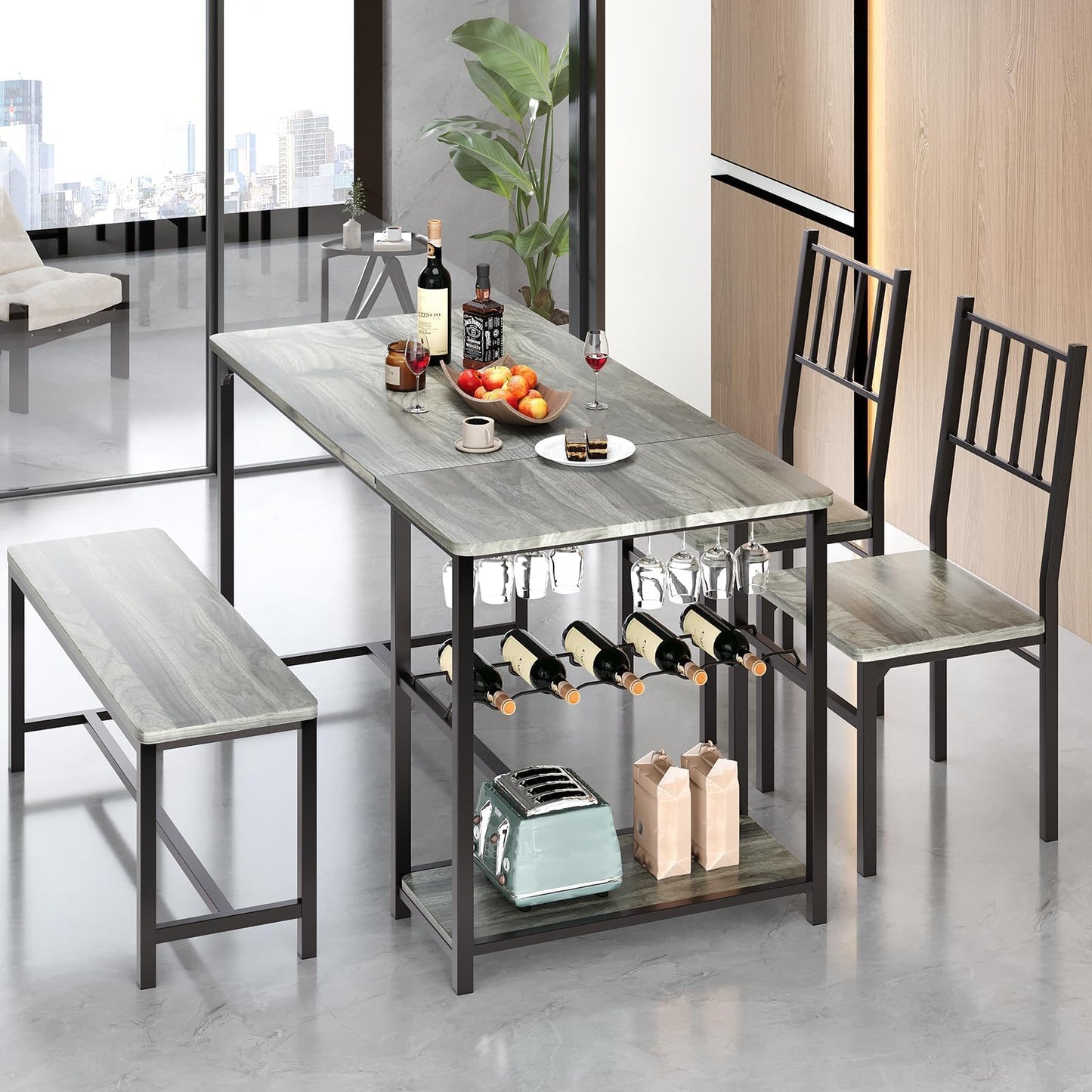 4 EVER WINNER Dining Table Set for 4, 55" Kitchen Table Set with Storage Shelf, Wine Rack & Wine Glasses Holder, Breakfast Table Set for 4 with Chairs and Bench for Dining Room, Kitchen, Wash Grey
