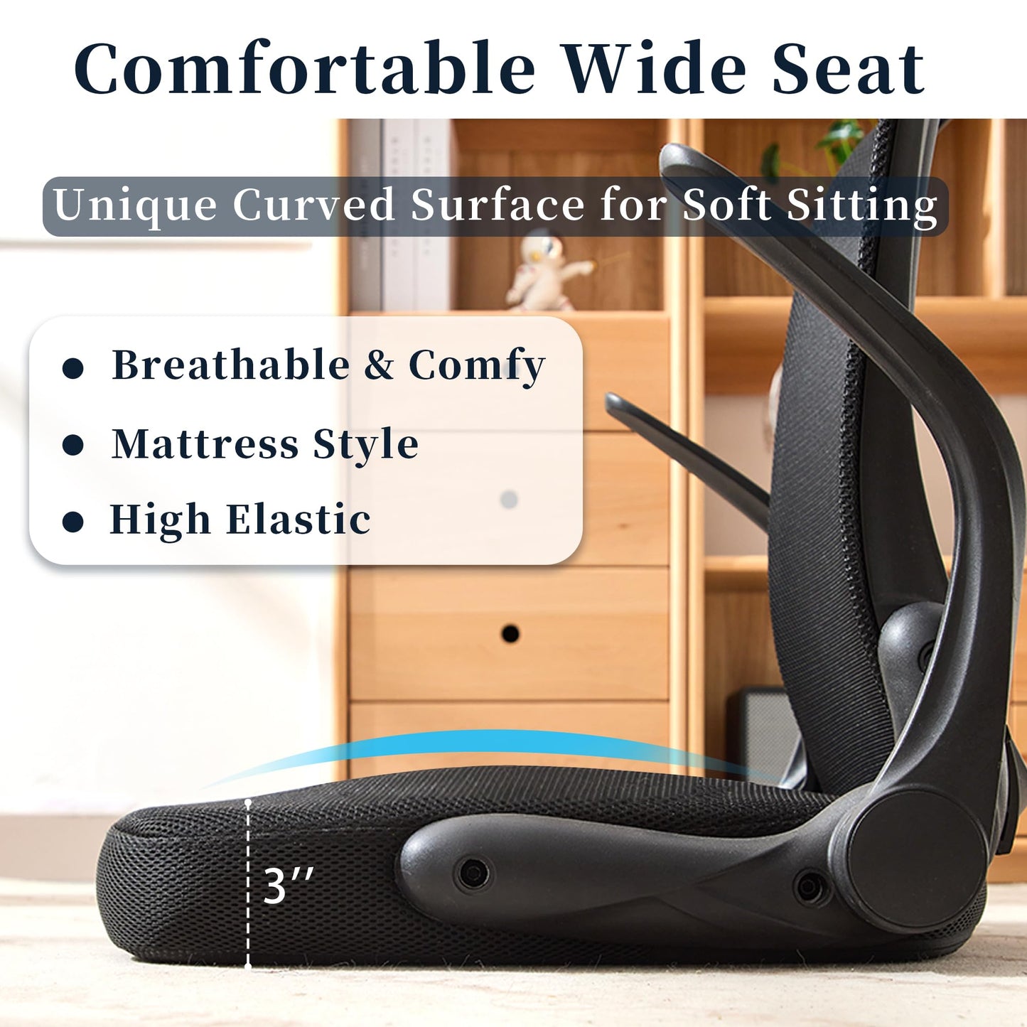 CoVibrant Ergonomic Floor Chair Foldable - Adjustable Armrest & Mesh Back, Thick Cushioned Seat for Gaming Reading Meditation, Multi-Use for Living Room, Bed, Tatami