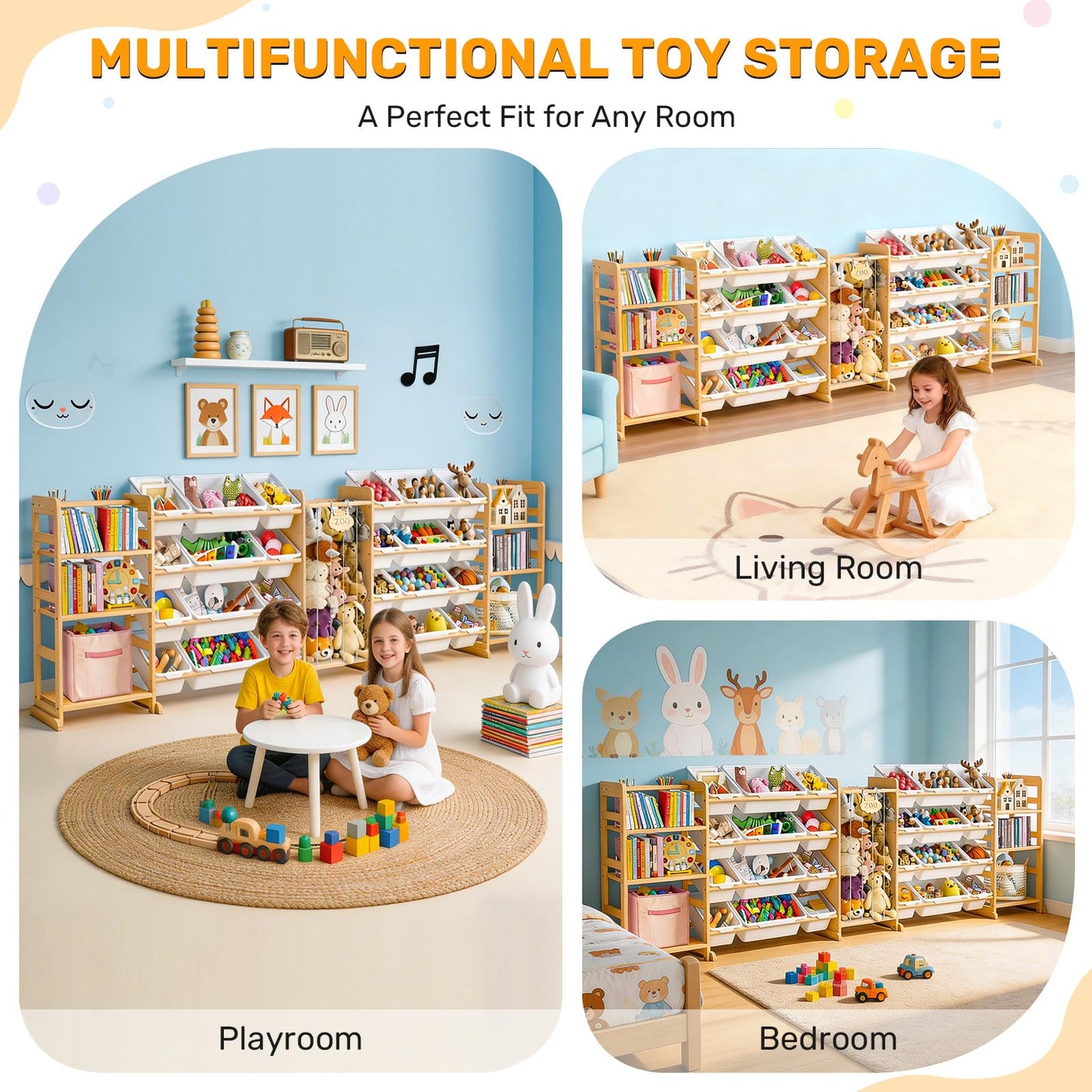 Yazzropt 114" Large Toy Storage Organizer with Bins Shelves & Stuffed Animal Storage for Kids Wood Toddler Playroom Organization with Bookshelf Toys Box Wooden Organizers for Kids Room Nursery Bedroom
