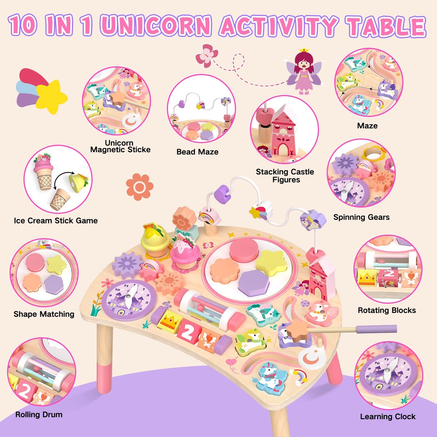 Hewaurorion Wooden Activity Table for Toddlers 1-3, Unicorn 10-in-1 Montessori Busy Board with Bead Maze Shape Matching Gears Clock, Sensory Learning Toys for 1 2 3 Year Old Girls Boys Birthday Gift