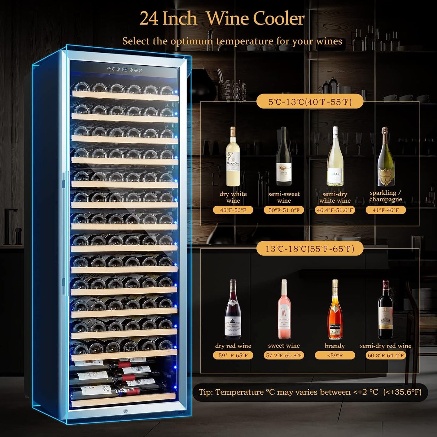 BODEGA 24 Inch Wine Cooler, 154 Bottle Refrigerator, Freestanding Wine Fridge with Intelligent Temperature Memory & Humidity Control, Upgraded Compressor, Quiet Operation