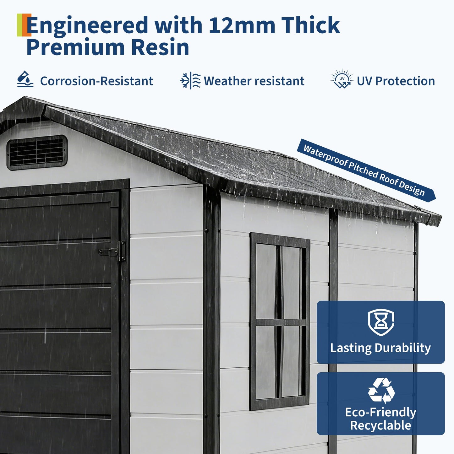 Plastic Outdoor Storage Shed with Floor & Window, 4x6 ft Resin Garden Shed for Patio, Lawn Mower, Bike & Tool, Waterproof Outdoor Storage with Lockable Door & 2 Vents & Sloped Roof for Backyard