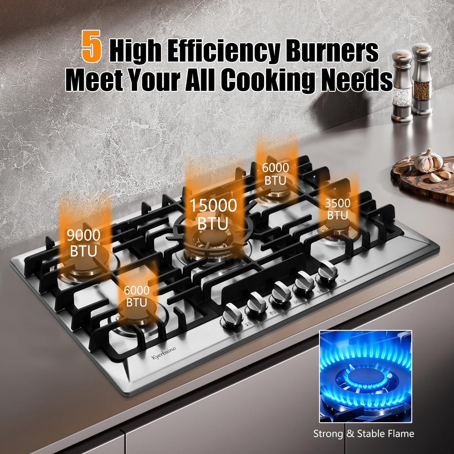 Kyerbaino Gas Cooktop 30 Inch, Stainless Steel 5 Burners Gas Stovetop Built-in LPG/NG Convertible Gas Cooktop Dual Fuel Sealed Gas Stove