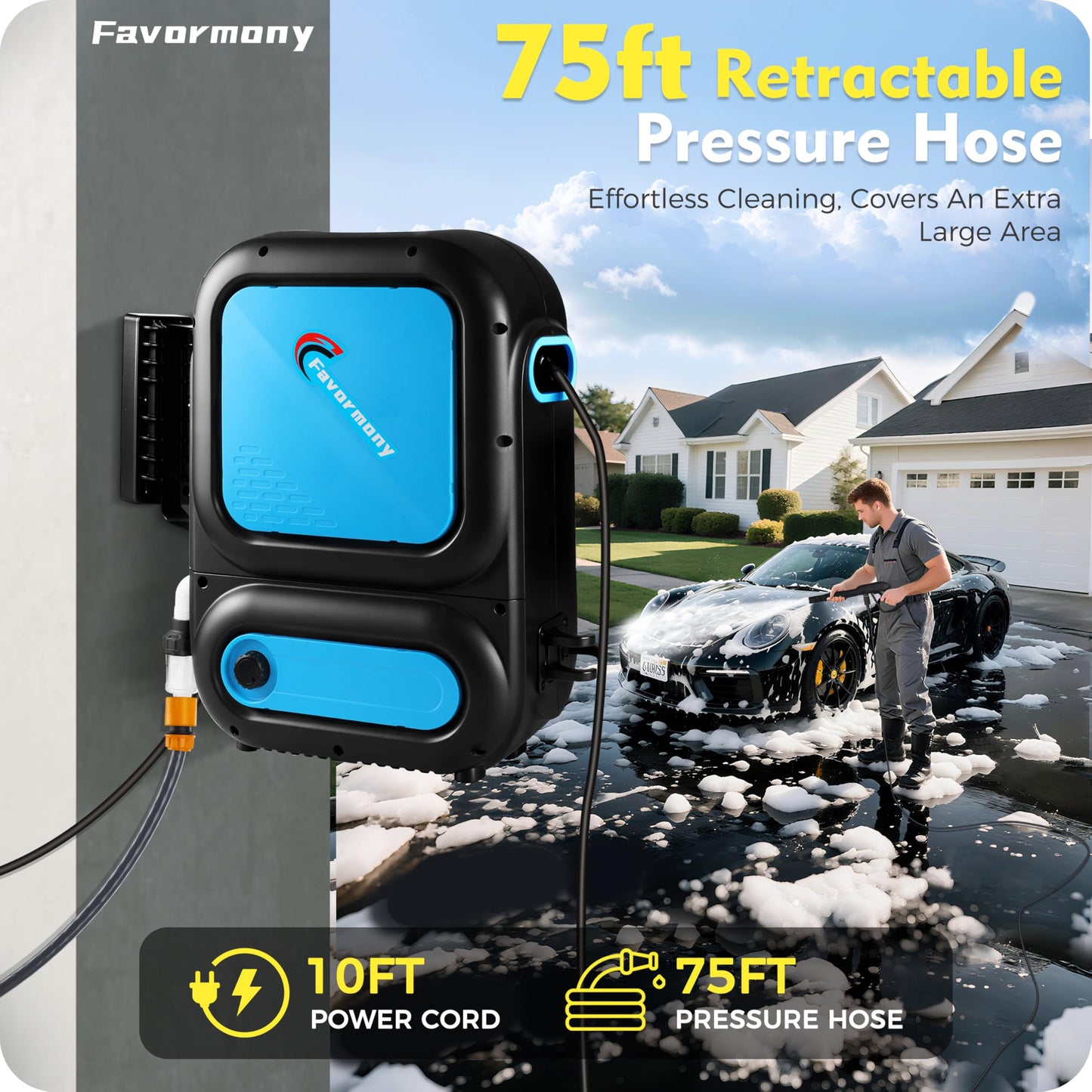 Wall Mount Pressure Power Washer High-Pressure Cleaning Machine with 5 Quick Adjustable Nozzles, 75ft Hose & 10ft Power Cord, Foam Cannon, Perfect for Cars, Driveways, Decks, Patios, and Fences