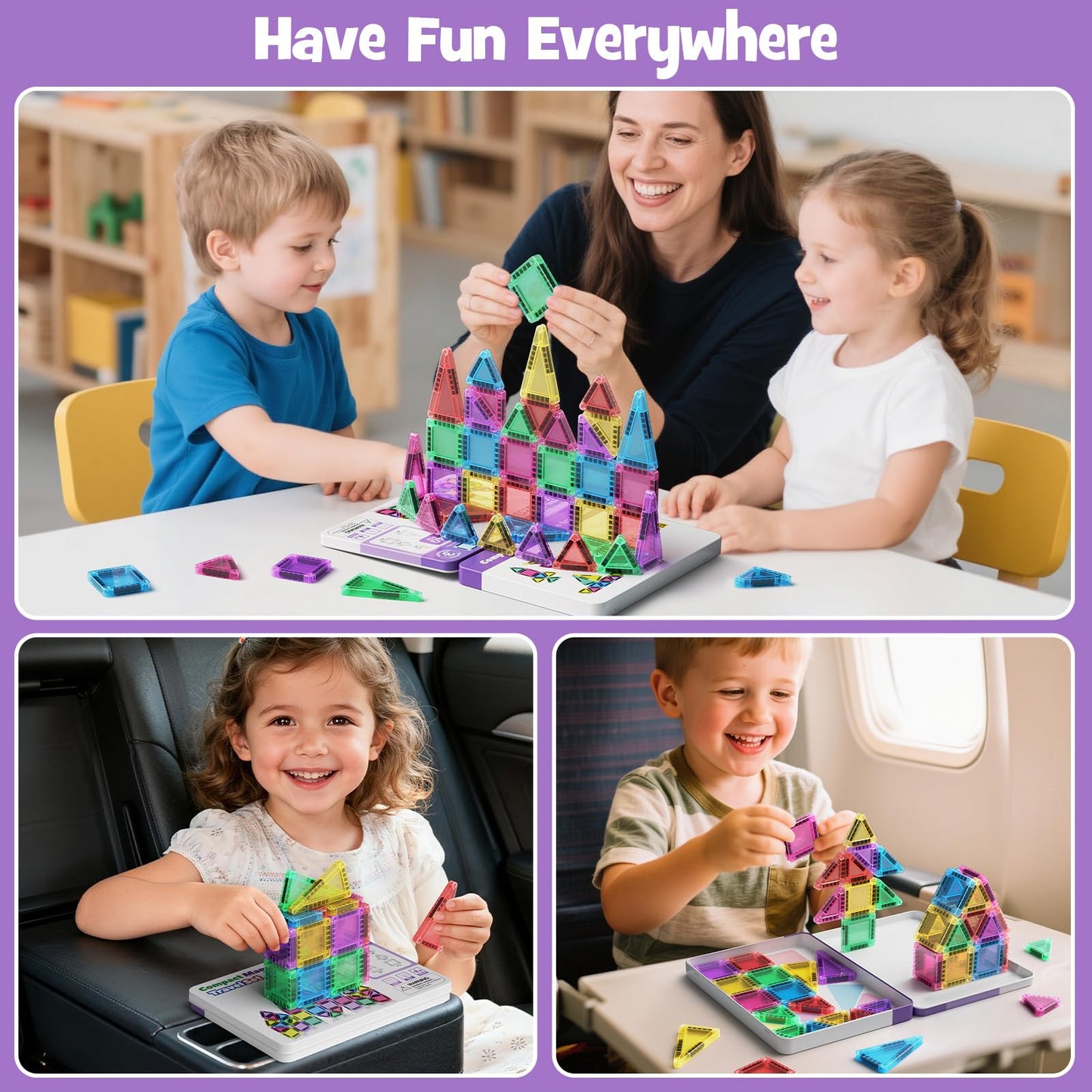 hunloot Mini Magnetic Tiles 40PCS Travel Set with Iron Storage Box, Portable STEM Building Blocks for Kids 3-8, Montessori Educational Magnet Toys for Road Trip, Airplane, Car Rides & On-The-Go Play