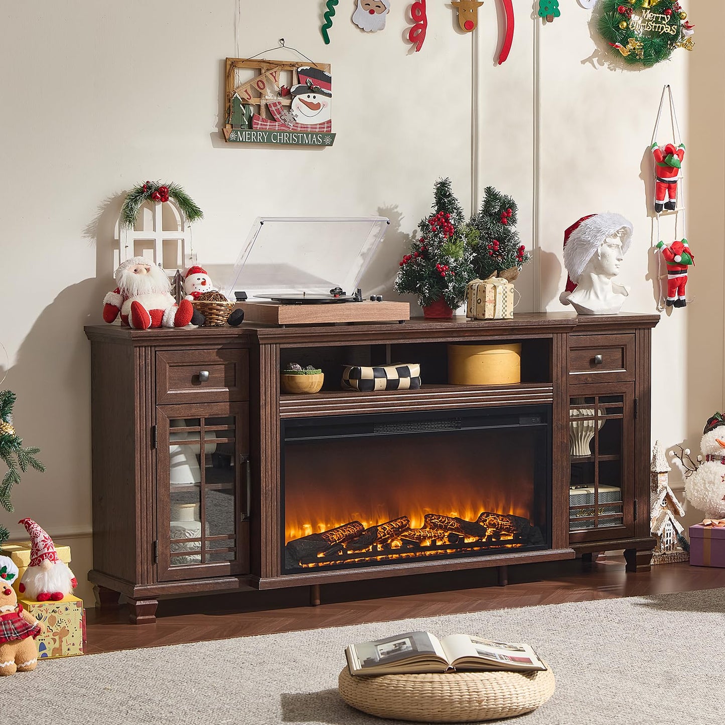 SAVOR LIFE 70" Fireplace TV Stand with 36”Silent Electric Fireplace, Farmhouse Entertainment Center for TVs up to 80", 2 Drawers TV Console with Glass Door Cabinet, Walnut TVs Cabinet for Living Room