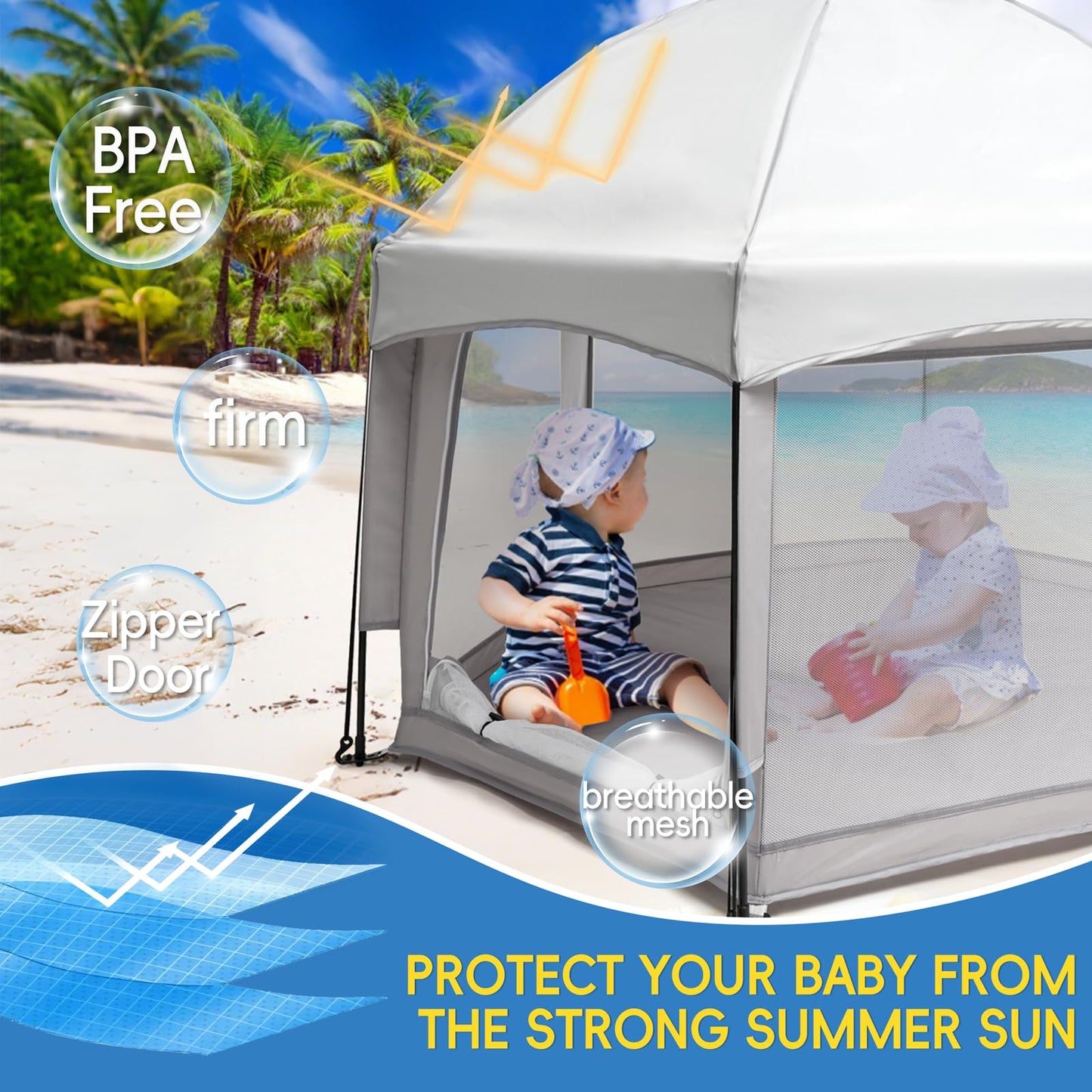 Palopalo Pop Up Baby Playpen with UPF50+ Canopy & Mat, Indoor & Outdoor Foldable Play Pen for Babies and Toddlers, Portable Baby Beach Tent with Travel Bag, Pop Up Pack and Play Yard, Grey