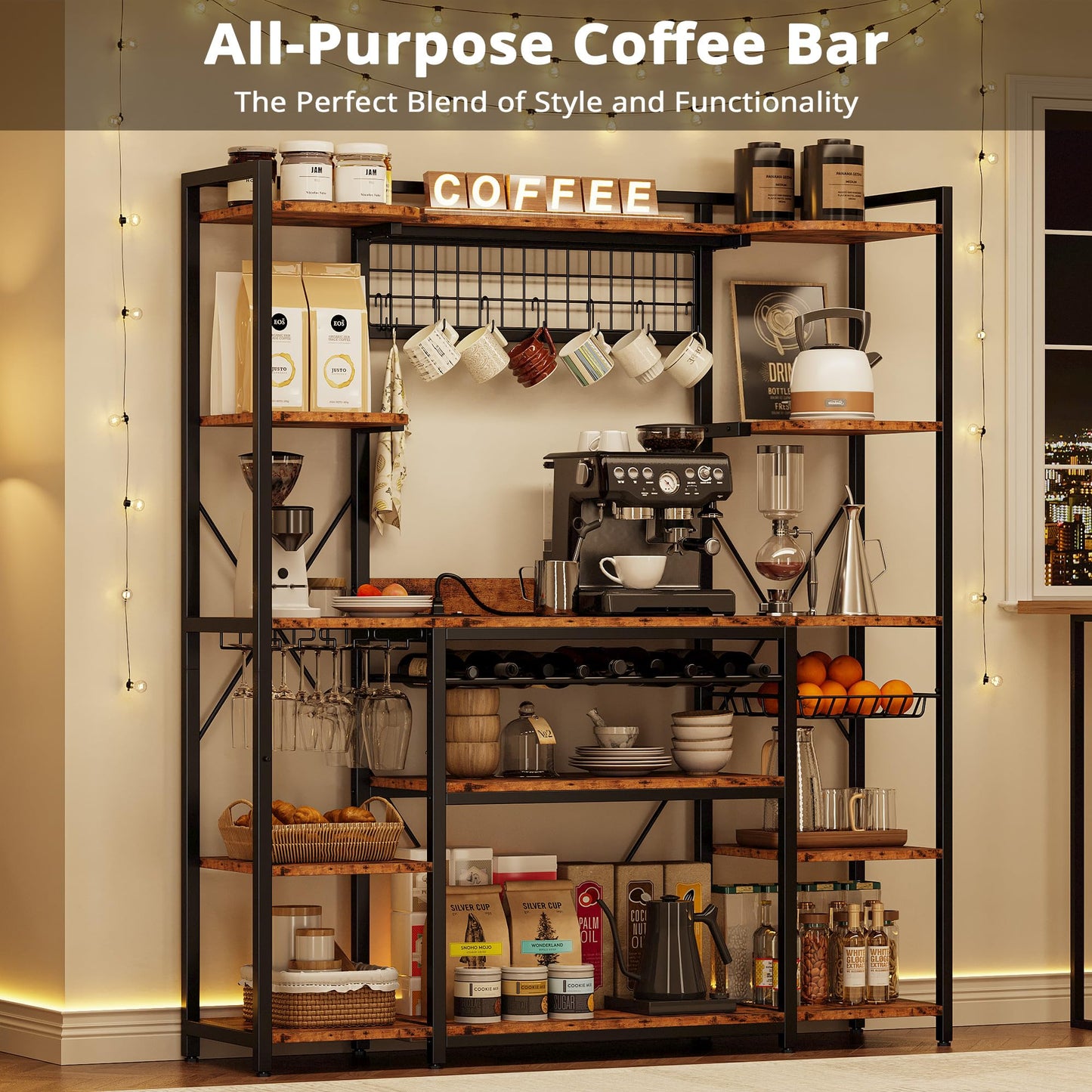 IRONCK Large Bakers Rack with Power Outlet, 62 Inch Wide Microwave Stand, Coffee Bar with Storage, Kitchen Racks and Shelves, Vintage Brown