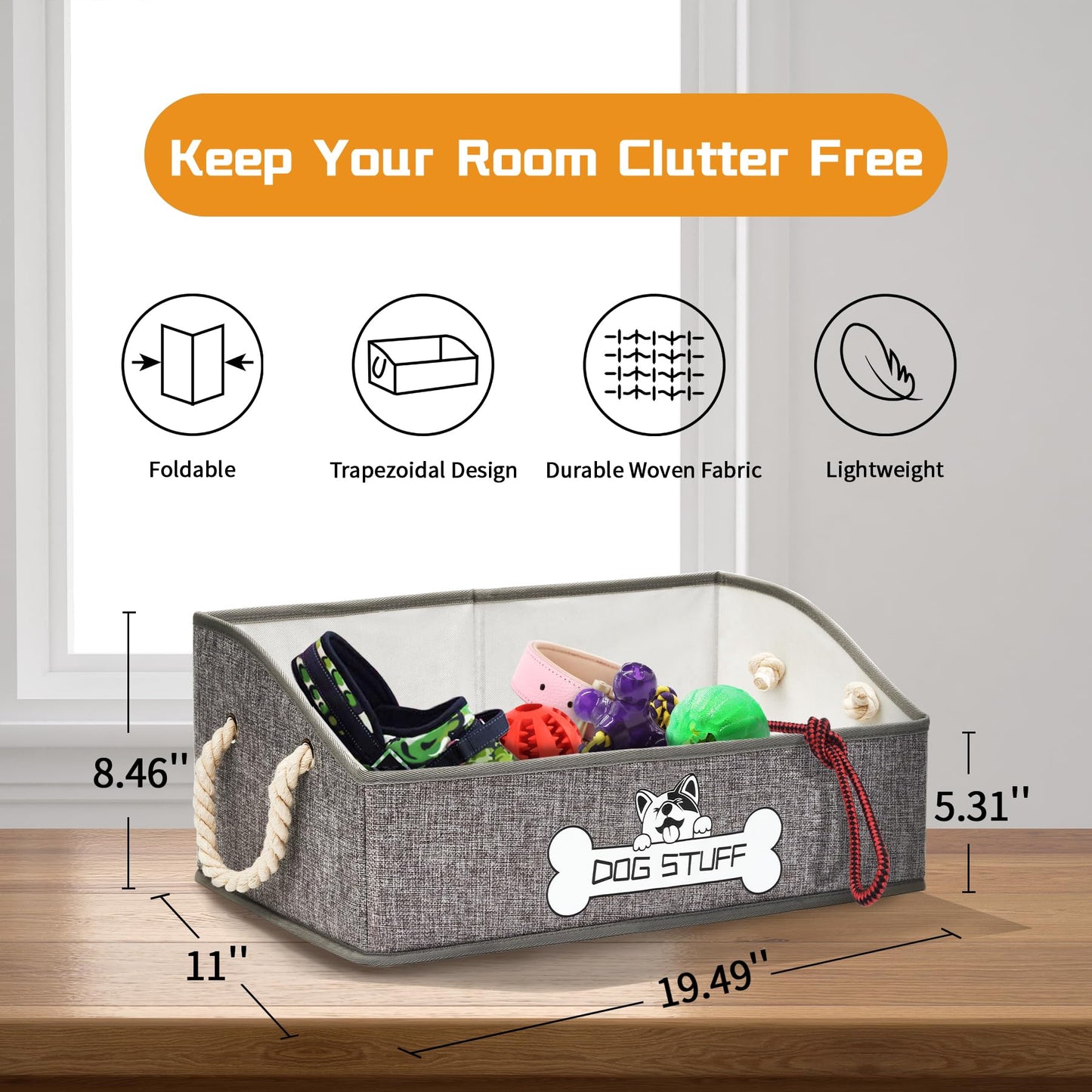 Thankspaw Collapsible Fabric Dog Toy Box and Storage Bin With Handle - Trapezoid Basket Chest Organizer for Pet Toys, Blankets and Accessories