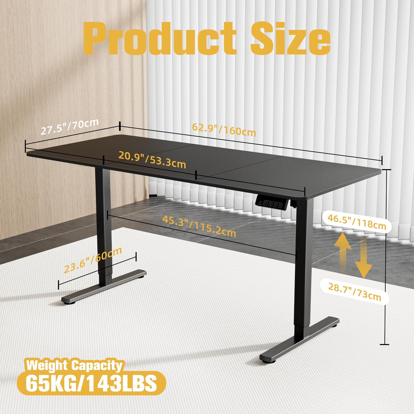 ERGOMAKER 63" Electric Standing Desk, Adjustable Height, Sit Stand Up Desk for Home Office & Computer Workstations, Memory Controller, Black