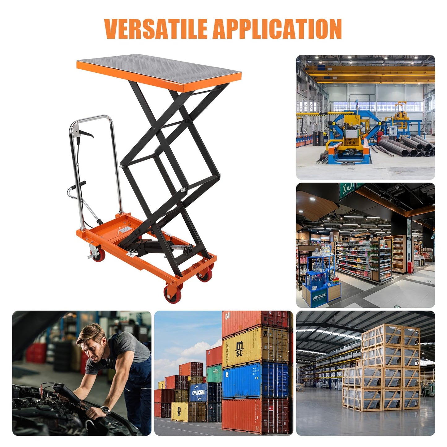 EliteEdge Double Scissor Hydraulic Lift Table Cart - 330 Lbs Capacity, 50" Height, Manual Elevating, 4 Wheels, Non-Slip Pad, Orange - Effortless Lifting, Wide Application, Easy Mobility