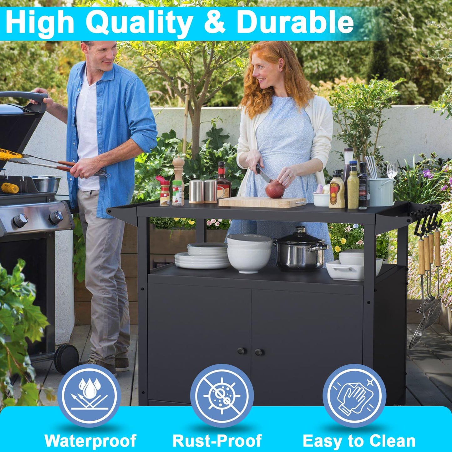 SEUNSHANY Outdoor Grill Table with Storage, Movable Grill Cart, Outdoor Kitchen Island Prep Stand Station,Blackstone Griddle Stand, BBQ Serving Cart Rolling Bar Cart with 4 Utensil Hooks 1