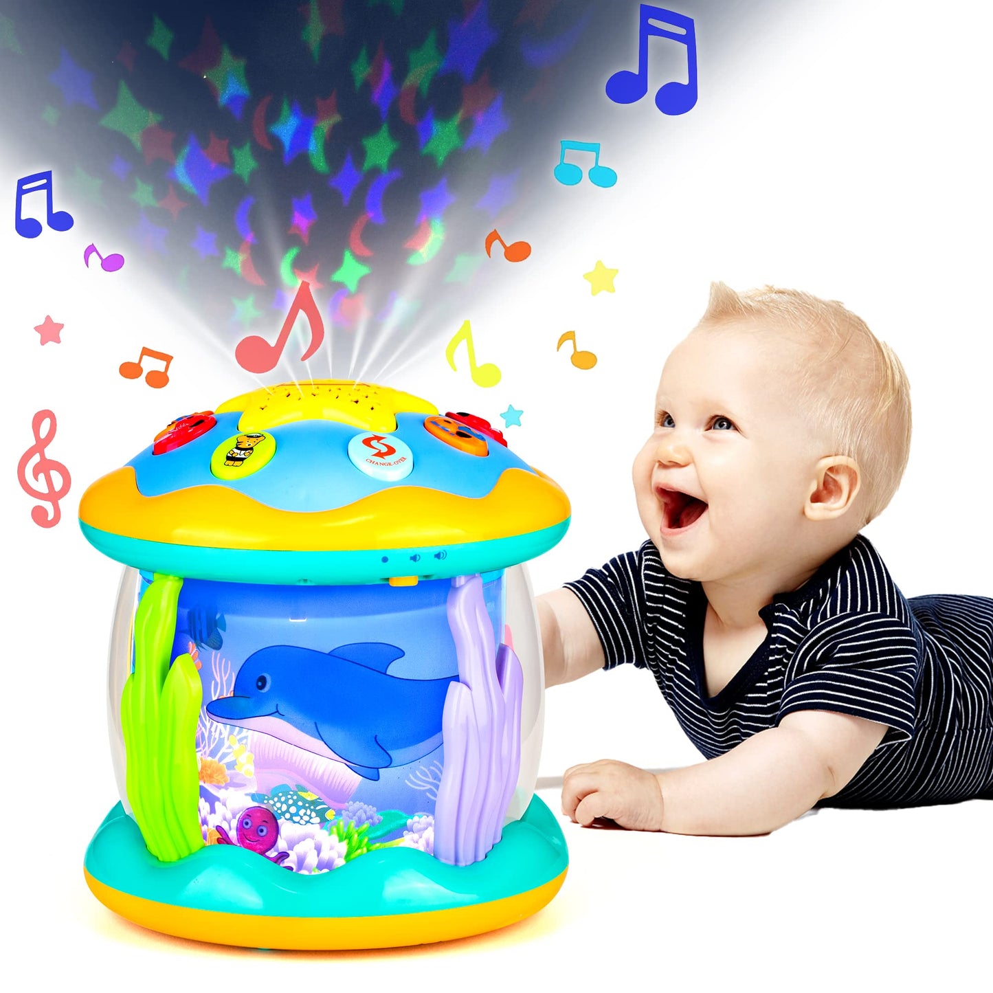 Koyiwa Baby Toys 6 to 12 Months Musical Light Up Tummy Time Infant Toys 3-6 7 8 9 12-18 Months Crawling Ocean Rotating Projector Baby Gifts for 1 2 3 Year Old Boy Girl Birthday Toddlers Kids