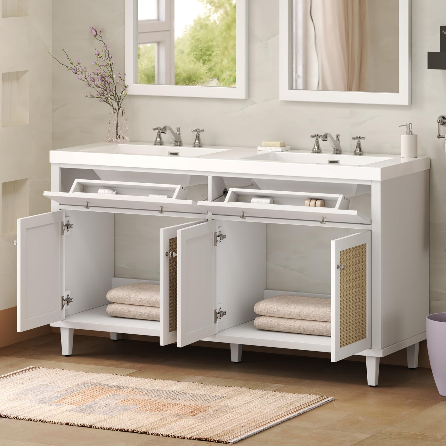 Christopher Knight Home Heli 60" Modern Double Bathroom Vanity with Sink Combo Set, Modern Freestanding Bathroom Sink Cabinet with Drawer, Bathroom Storage Cabinet with Sink Combo, White +Natural