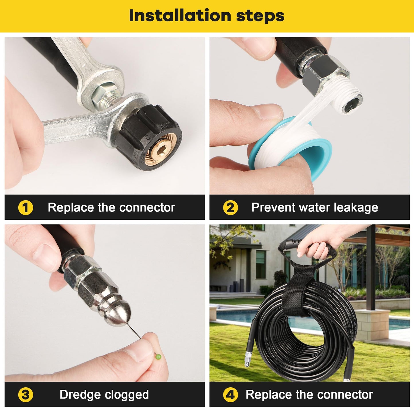 Pressure Washer Drain Jetter – Sewer Jetter Kit for Pressure Washer 100ft 1/4 Inch NPT Hose Nozzles and Adapter 5800PSI Clears Clogs in Pipes & Sewer Lines