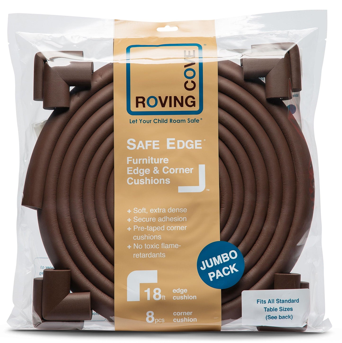 Roving Cove HeftyFit Edge Corner Protector Baby Proofing (Large 18ft Edge 8 Corners), Heavy-Duty, Soft NBR Rubber Foam, Furniture Fireplace Safety Bumper Guard, 3M Adhesive, Coffee Brown