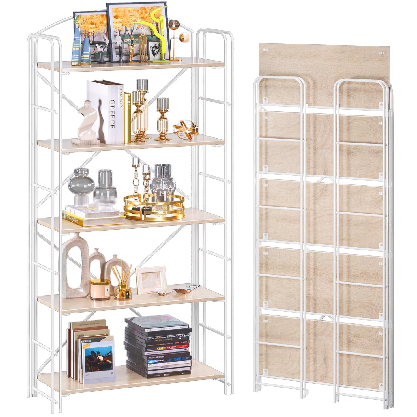 UDD Folding Bookshelf No Assembly, 54.1" H x 23.7" W, 5 Shelf Foldable Bookcase Industrial Collapsible Bookshelves, Open Storage Book Shelves for Small Spaces Home Office Living Room, Light Oak White