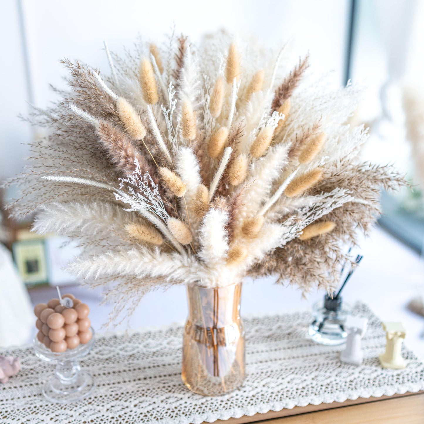 120PCS Natural Pampas Grass Mix Bouquet | Dried Pampas Bouquet for Wedding Boho Flowers Home Table Decor Desk Decor, Rustic Farmhouse Decor (120PCS)