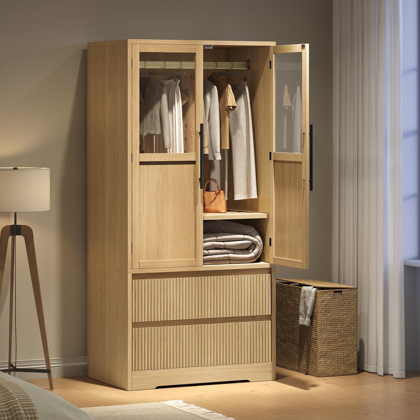 GarveeHome Armoire Wardrobe Closet with 2 Glass Doors & 2 Fluted Drawers, Wooden Wardrobe Storage Cabinet Closet w/Hanging Rod & Shelves, Large Capacity, Freestanding for Bedroom, Clothes, Natural