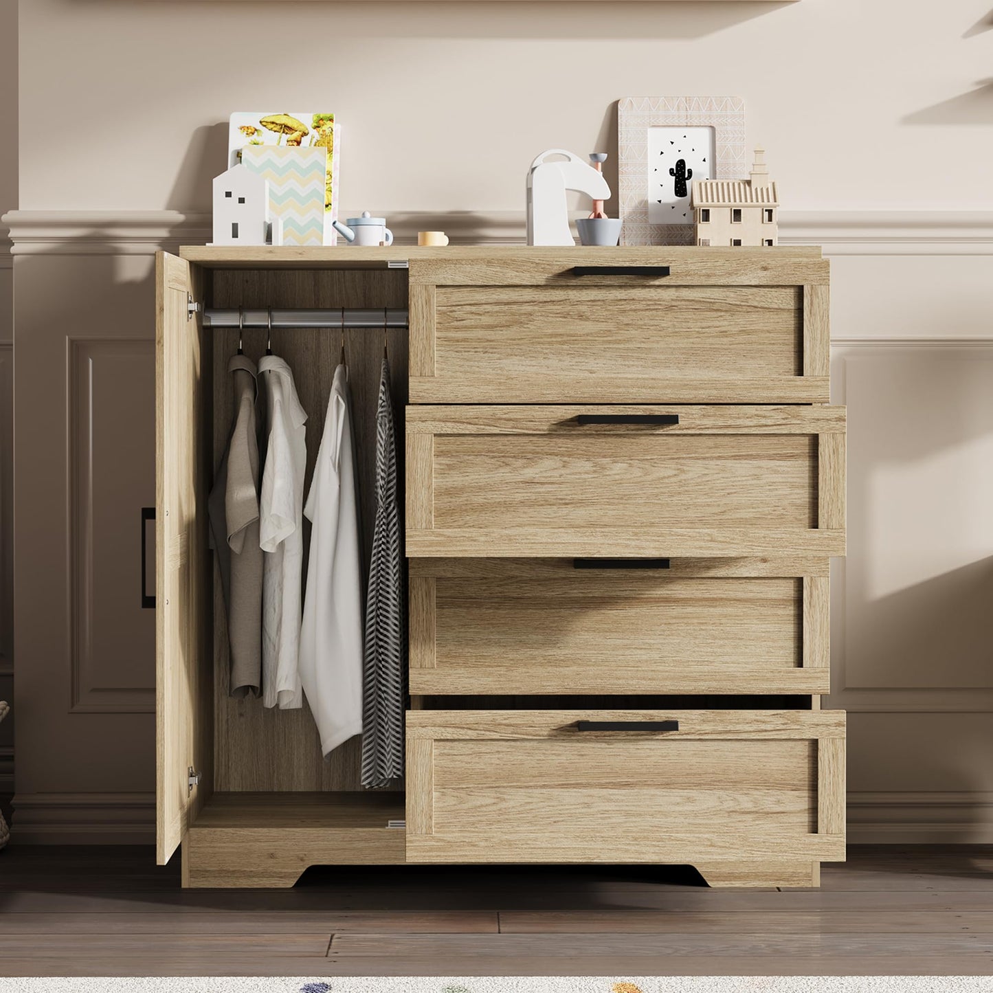 IDEALHOUSE 43.3'' H Armoire Wardrobe Closet with 4 Drawers and Hanging Rod, Multifunctional Wood 4 Drawers Dresser with Storage Closet, Clothing Storage Cabinets for Bedroom, Natural Oak