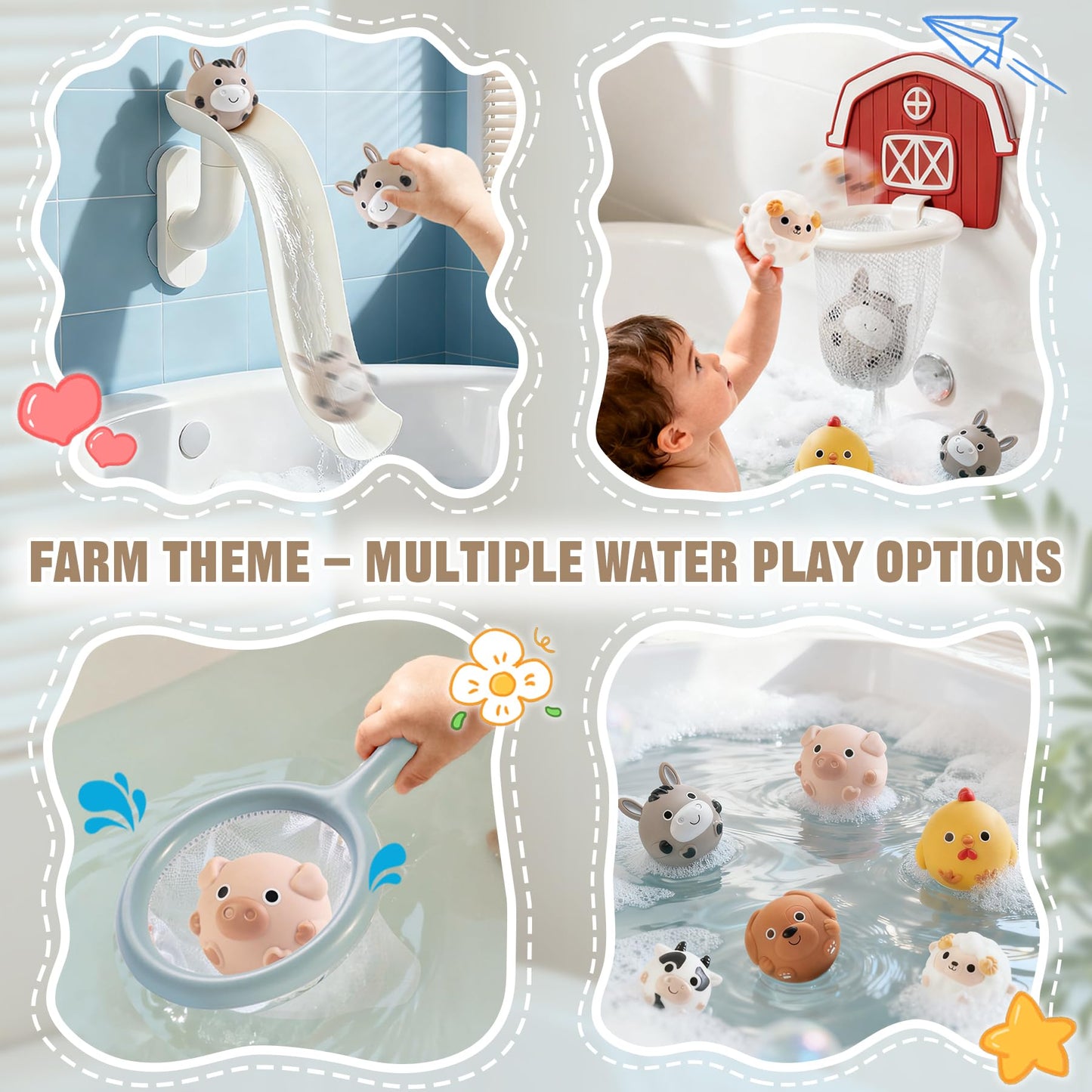 TXTLDB No-Hole Farm Bath Toys for Toddlers 1-3 | Slide, Basketball Hoop & 6 Animal Set | Easy to Clean & Dry Bathtub Play Gifts for Boys Girls
