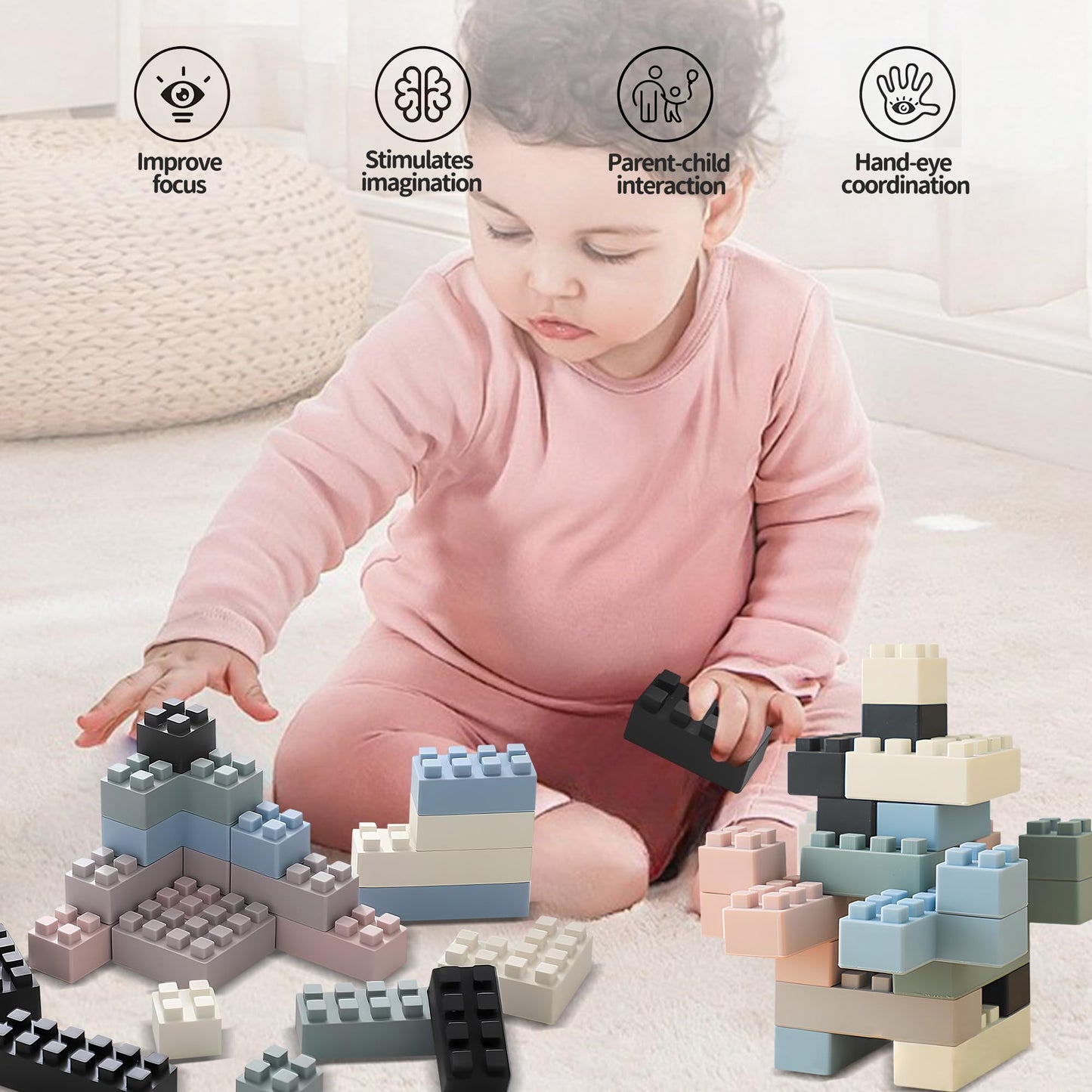 Silicone Blocks and Sensory Balls Toy Set - Montessori Soft Baby Blocks and Textured Baby Rattle Balls, Ideal Preschool Learning & Toddler Gifts