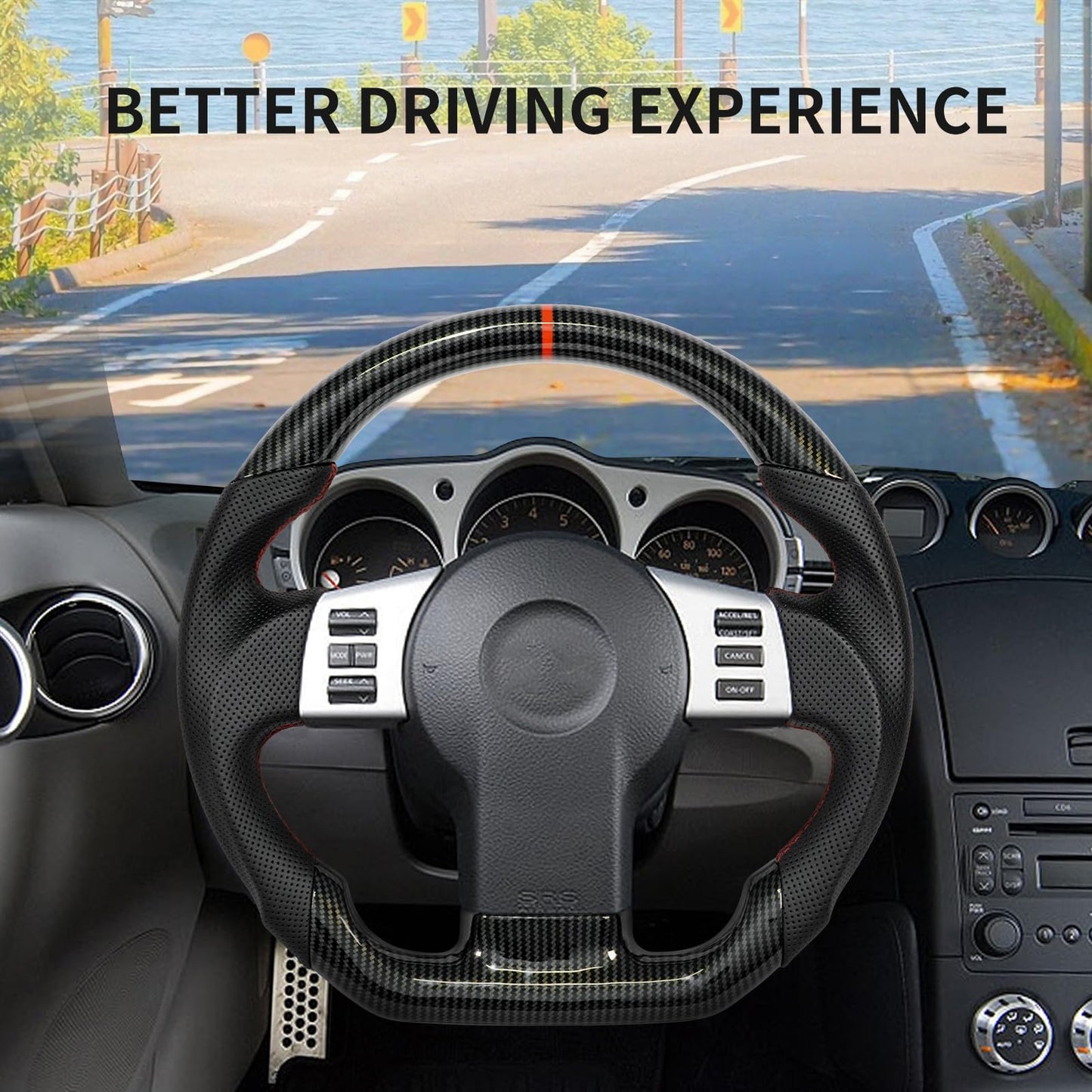 JIANGGAI Hydro-Dip Carbon Fiber Steering Wheel, D-Shaped Flat Bottom Perforated Leather Grip Steering Wheel Fit for Nissan 350z 2003-2009