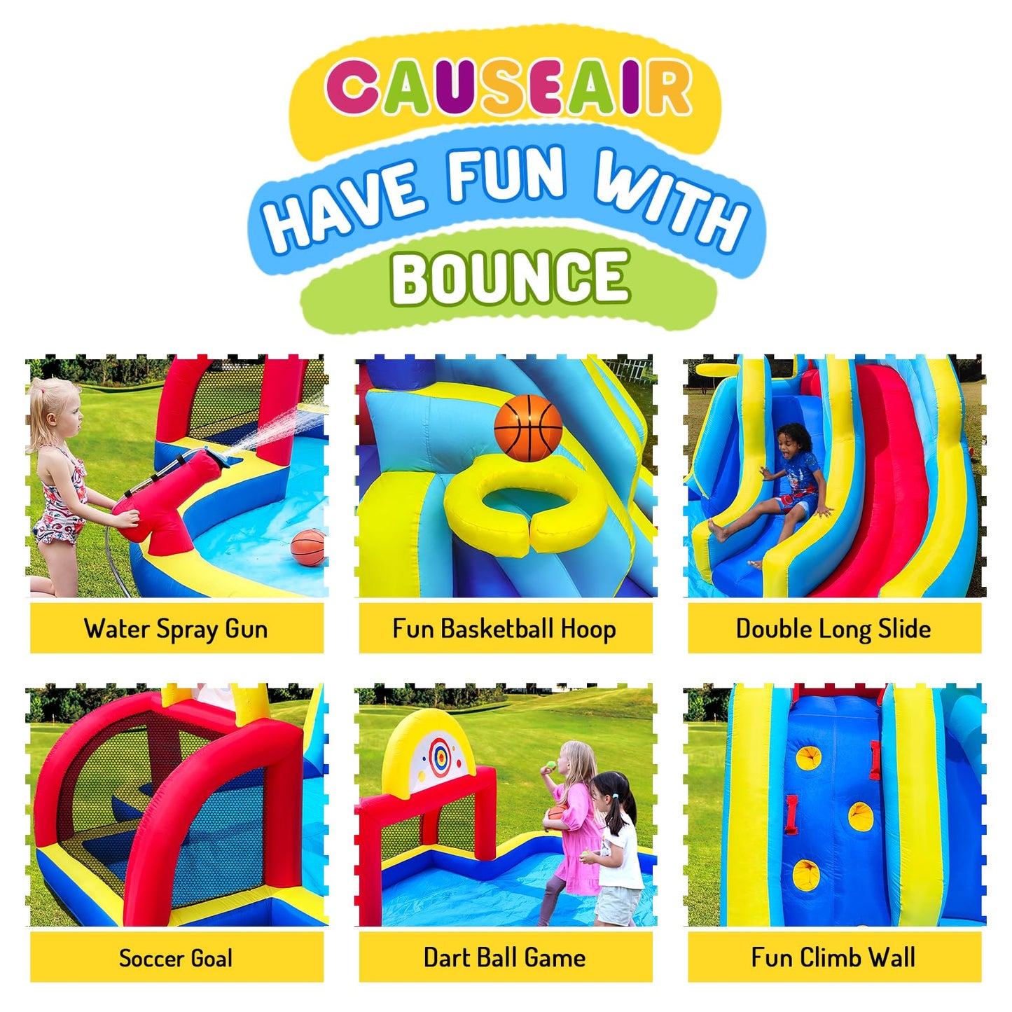 Causeair Inflatable Double Water Slide with Soccer Goal,Big Splash Pool,Water Cannon,Basketball Hoop,Fun Climb Wall,GFCI Blower,Bounce Slide for Party Fun