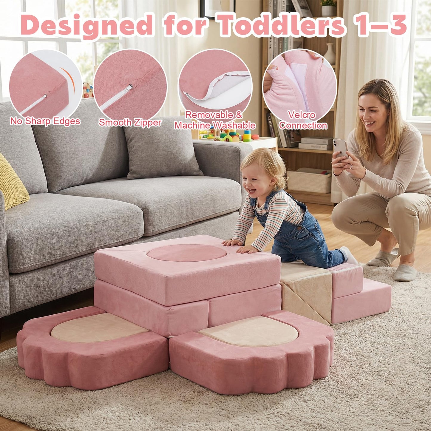 GudoInsole 13-Piece Foam Climbing Blocks for Toddlers, Soft Play Set for Toddlers 1–3, High-Density Foam Climbing Toys Indoor for Crawling & Active Play, Gross Motor Skills Toys Gift(Beige Pink)