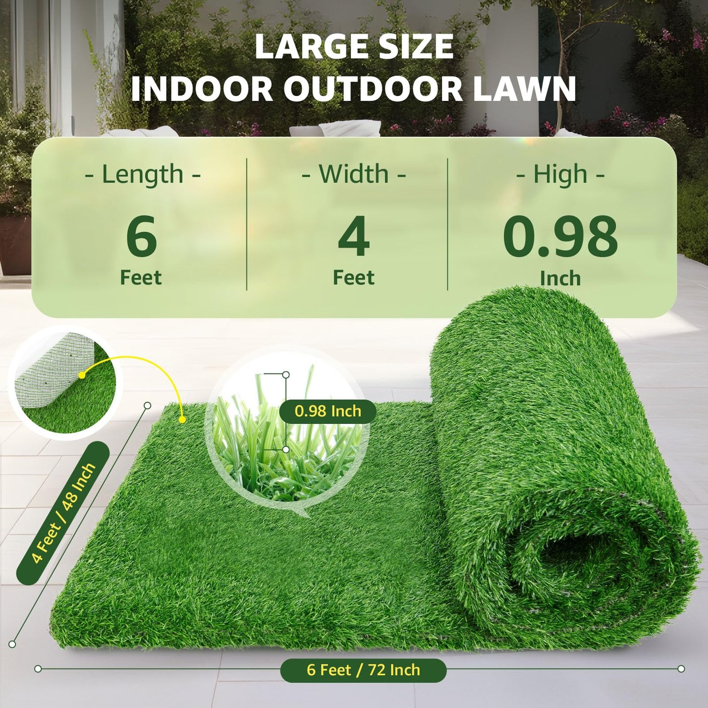 LOOBANI Synthetic Artificial Turf Roll, Artificial Grass for Dog Potty with Drainage Holes, Fake Grass Rug for Garden Landscape Balcony Patio Backyard Decoration, 4 Feet x 6 Feet