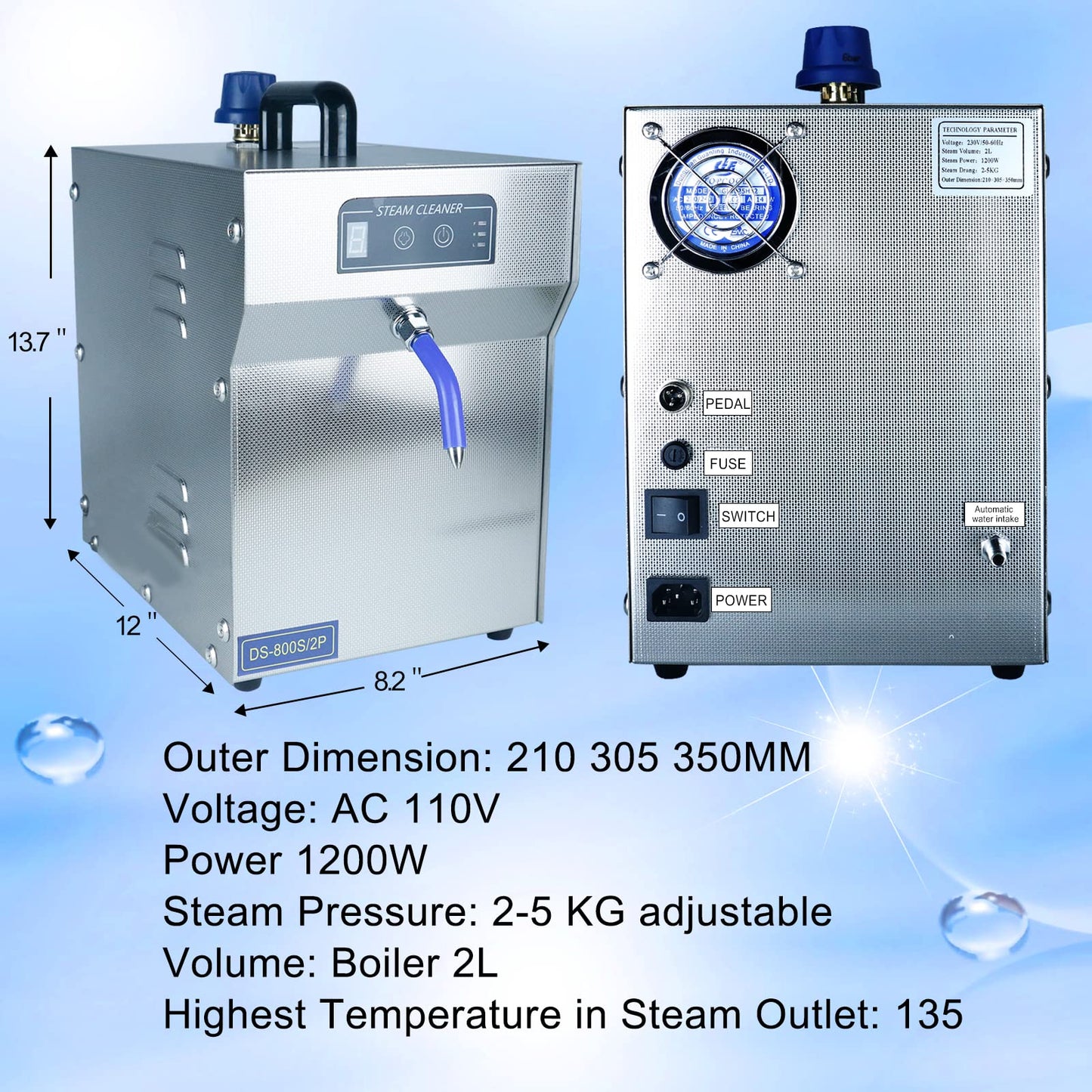 TDRRICH Jewelry Steam Cleaner Professional Adjustable Machine High Pressure Steamer 2L Stainless Steel Commercial Vapor Jewelry Silver Gold Cleaning Equipment Suitable for Jewelry Stores Studios