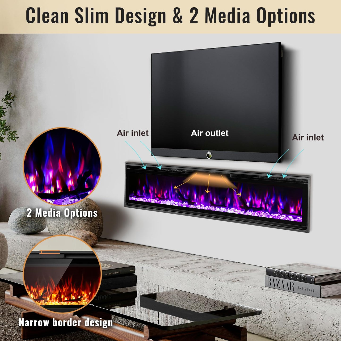 60 Insert Electric Fireplace, Fully Recessed or Wall Mounted, 4 Flame Colors, 4 Brightness Levels, Crystals,Log, Remote Control, 750-1500W.