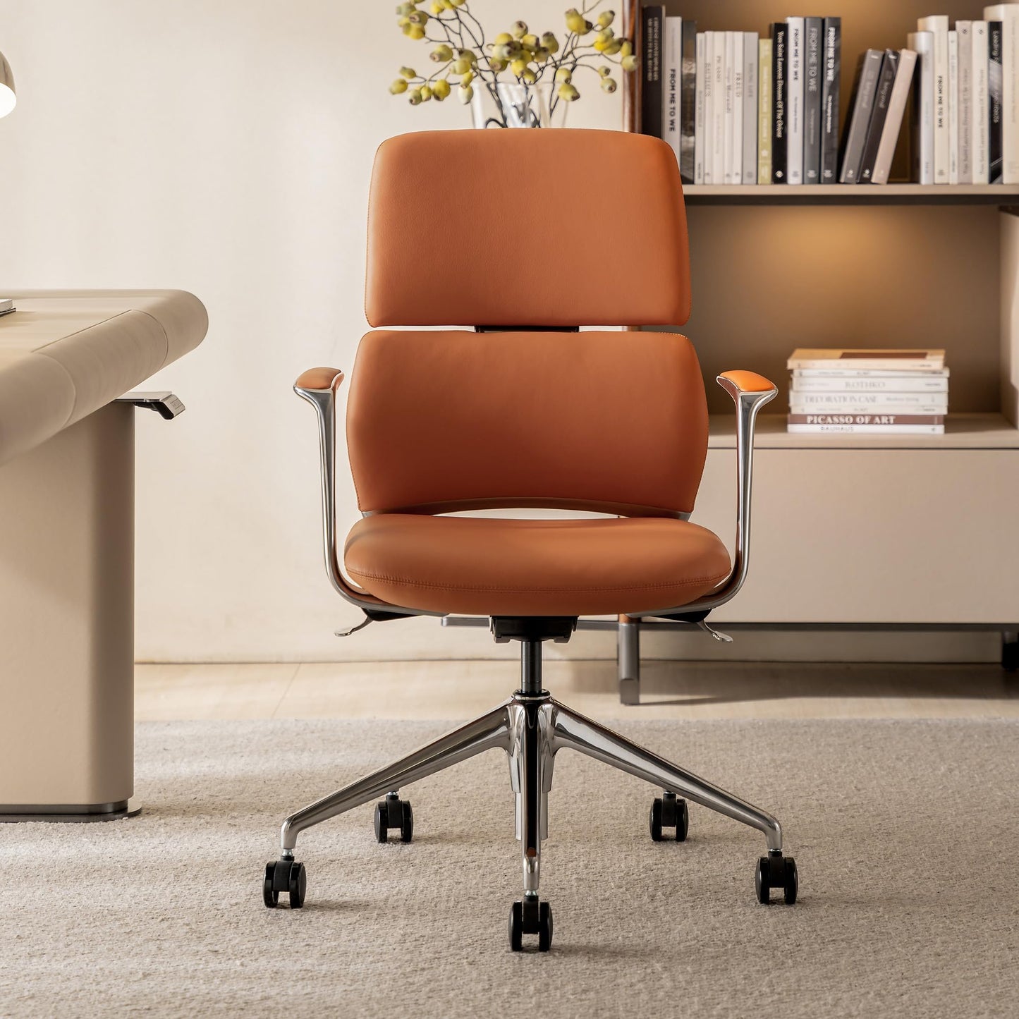 TOMU Genuine Leather Office Desk Chair with Wheels, Ergonomic Leather Executive Chair, Mid Back, Swivel Base with Adjustable Tilt, Modern Style, Luxury Aluminum Frame (Orange)