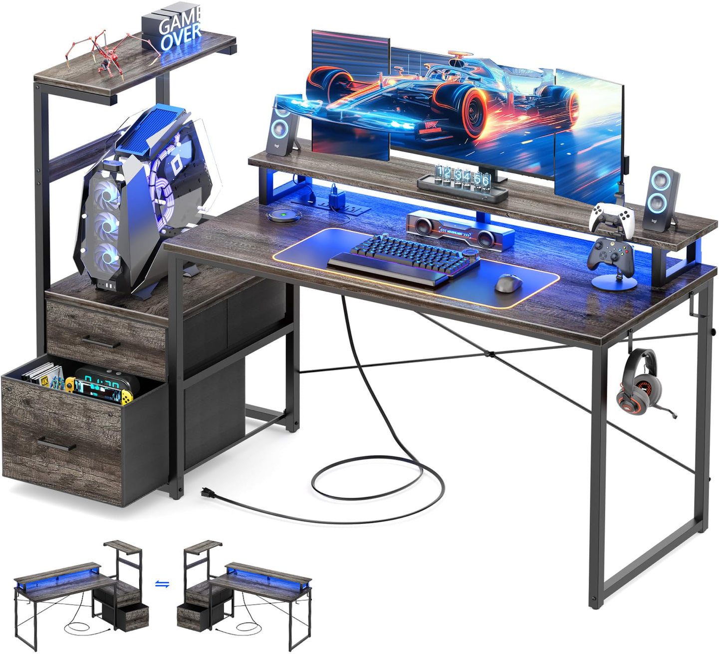 Aheaplus Gaming Desk with LED Strip & Power Outlet, 59Inch Reversible Computer Desk with Monitor Stand & Storage Shelves, Home Office Desks with Fabric File Drawer, Gamer Table PC Desk, Black Oak