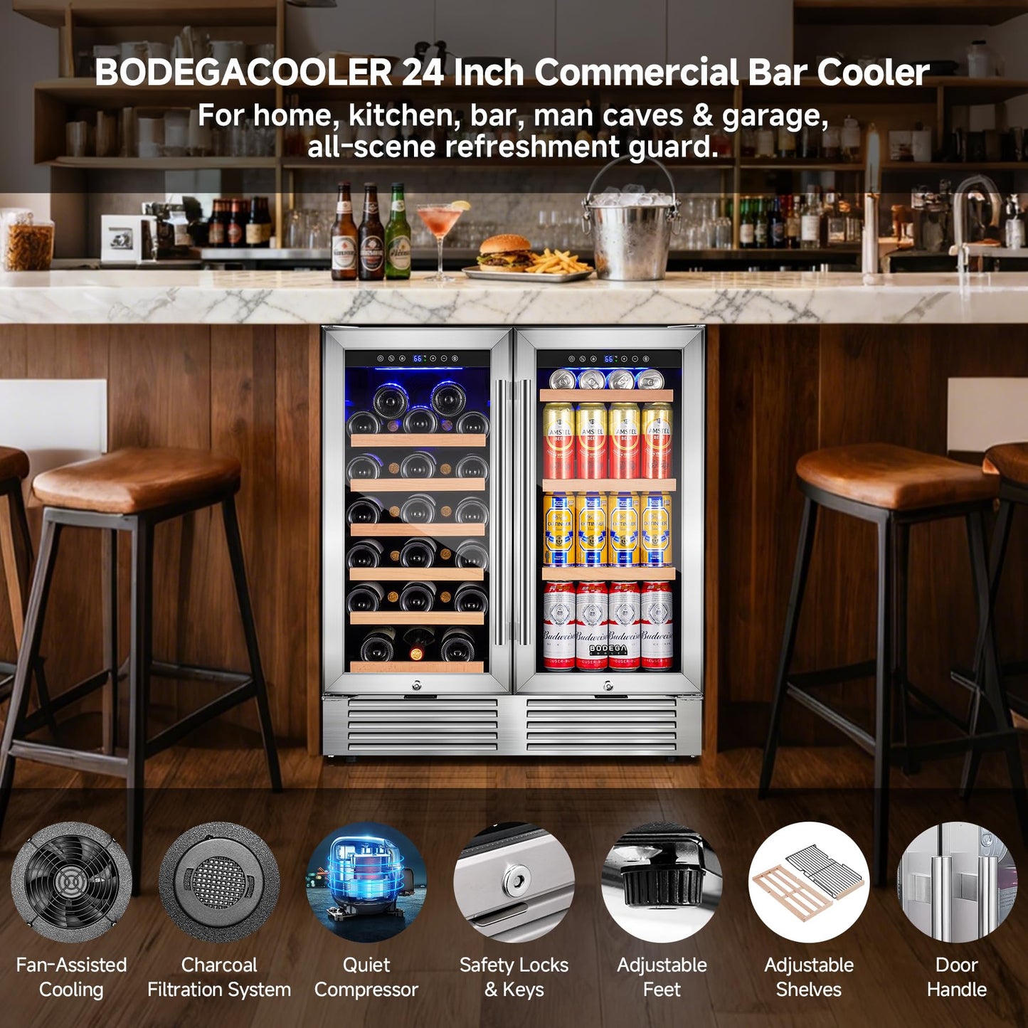 BODEGA 30" Back Bar Cooler with 2 Glass Doors, Commercial Wine & Beverage Refrigerator, Holds 31 Bottles & 92 Cans Dual Zone Drink Fridge, for Beer,Soda Drinks,Wine