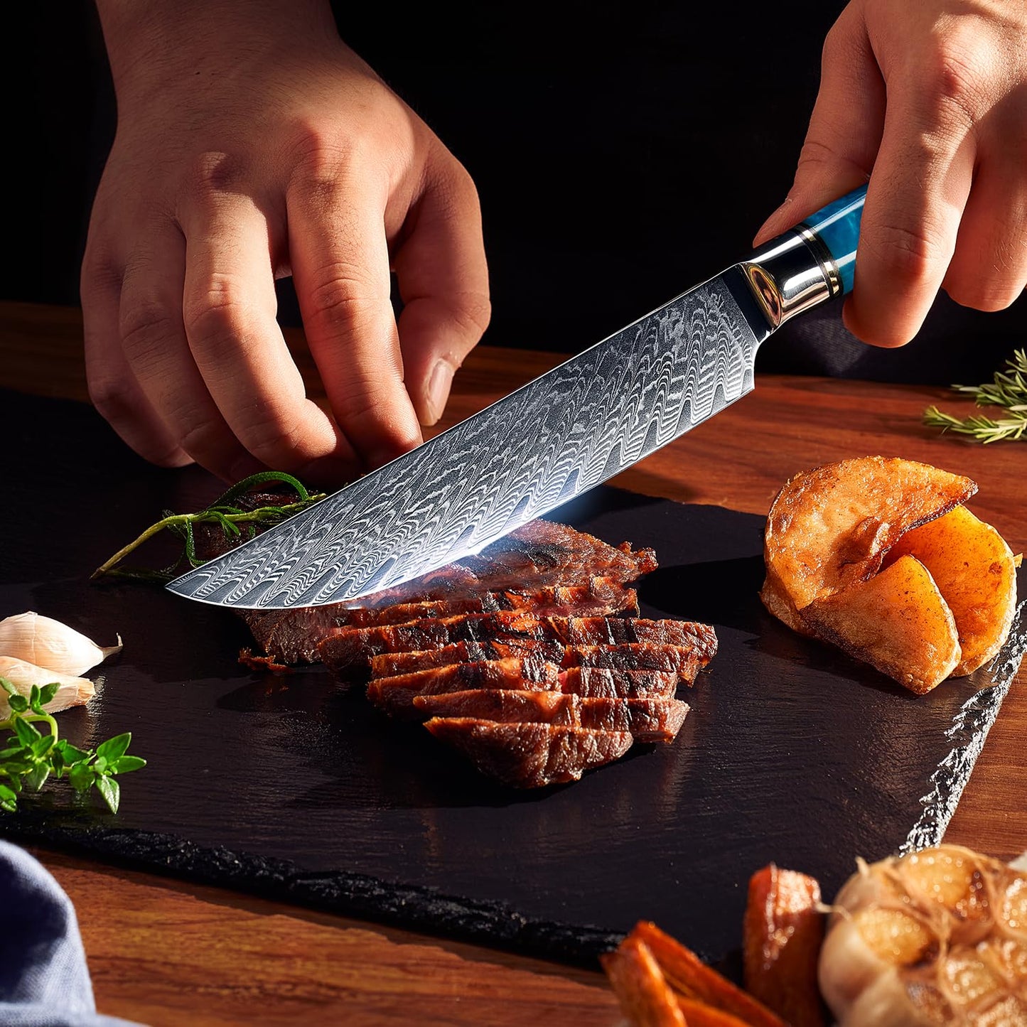 SENKEN Damascus Steak Knife Set - Tsunami Collection - 67-Layer Japanese VG10 Steel - Razor Sharp Non-Serrated Blades, Blue Resin & Natural Wood Pattern Handles, Luxury Gift Box (4 Steak Knife Set)