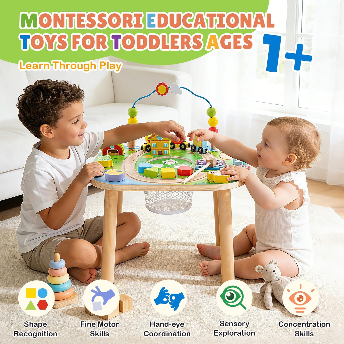 Activity Table for 1 Year Old with Two Height Levels,Wooden Sensory Play Table for Toddlers 1-3,8 in 1 Montessori Learning Toy with Bead Maze, Shape Sorter & Train,Gift for Baby Boys Girls (Farm)
