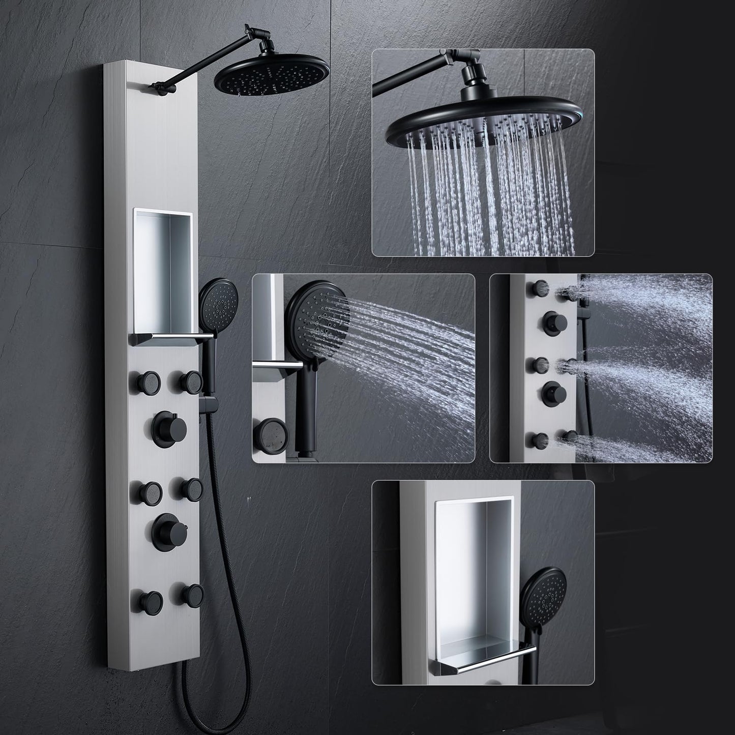 POPFLY Shower Panels System with 8-inch Rainfall Shower and Shelf, Shower Tower with Adjustable Head, 6 Body Jets and 5-Setting Handheld Shower, Brushed Nickel, Stainless Steel