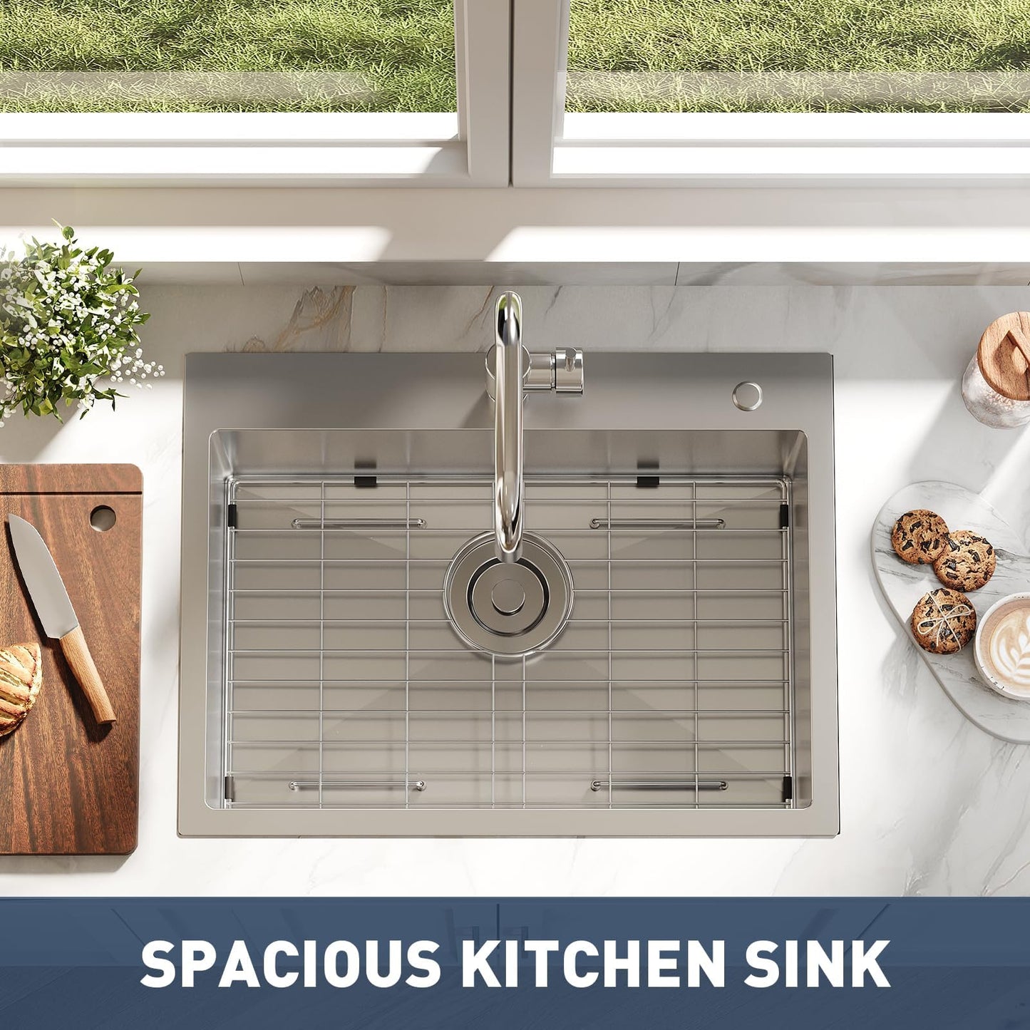 Drop in Kitchen Sink Workstation, Stainless Steel Single Bowl Sink with Cutting Board, Roll Up Rack and Drain Basket, Scratch Resistant Topmount Sink for Kitchen Prep and Cleaning