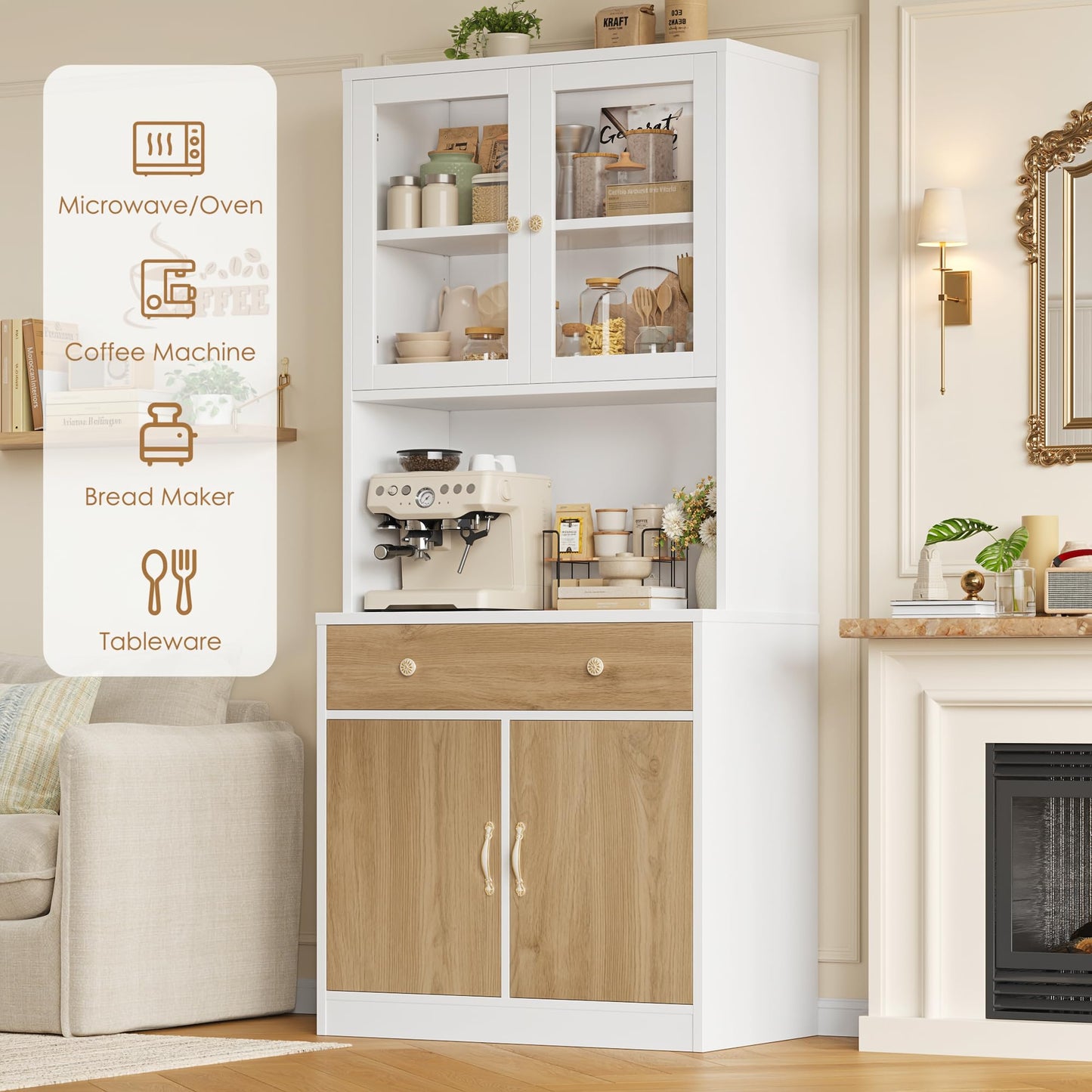 Keyluv 71" Tall Kitchen Pantry Storage Cabinet with Microwave Stand, Modern Kitchen Hutch with Countertop, Wood Coffee Buffet Hutch with Glass Doors, Drawer, Adjustable Shelves for Dining Room, Khaki
