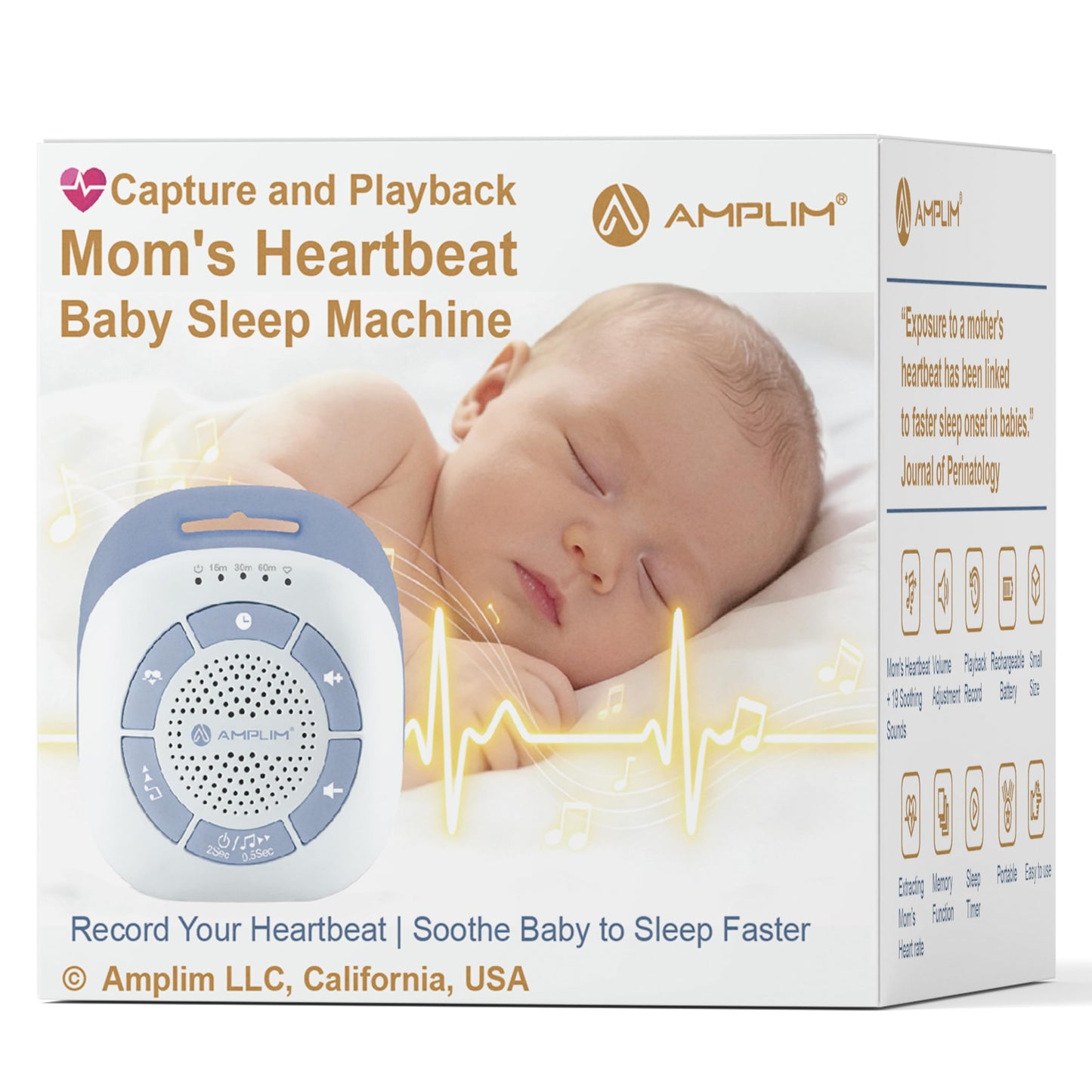Amplim Mom’s Real Heartbeat Sound Device, Womb Sound Recorder White Noise for Newborn, Soothing Baby Sleep Machine, Rechargeable, Timer & Volume Control, Portable Infant Aid for Faster, Deeper Sleep