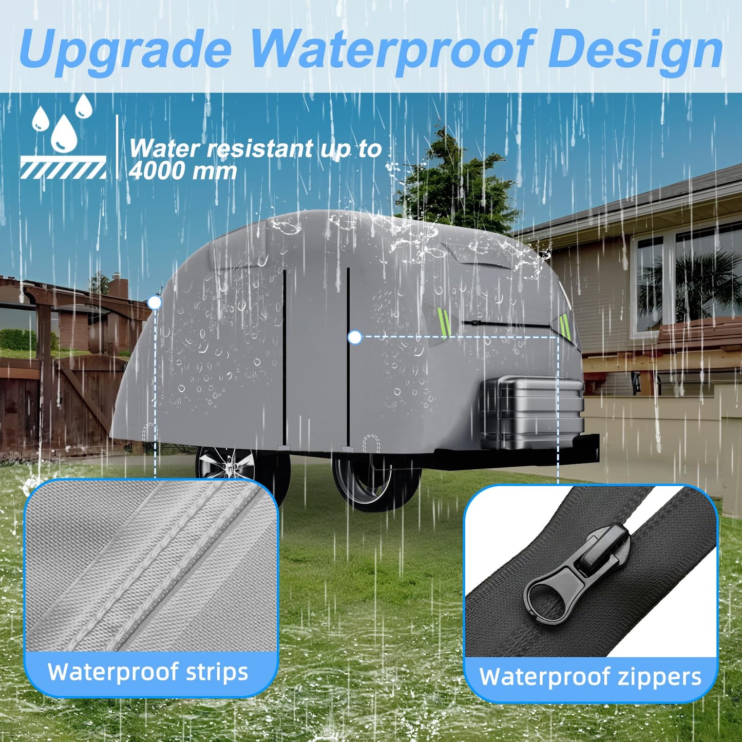 Zenicham Teardrop Camper Cover Waterproof, Fade and Tear Resistant Travel Trailer Cover Fits 15ft, Utility Silver Coated Fabric RV with Metal Buckle, Outdoor Windproof Heavy-Duty Camper Covers