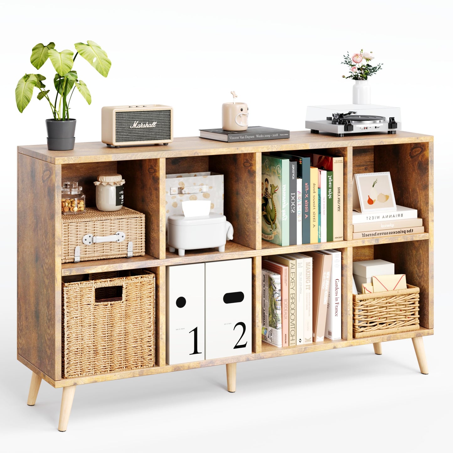 Flrrtenv 8-Cube Bookshelf 2 Tier Retro Bookcase with Legs, 11in Shelf Opening, 47" Wood Bookshelves Storage Organizer Shelf, Freestanding Open Book Shelves for Bedroom Living Room Office, Rustic Brown