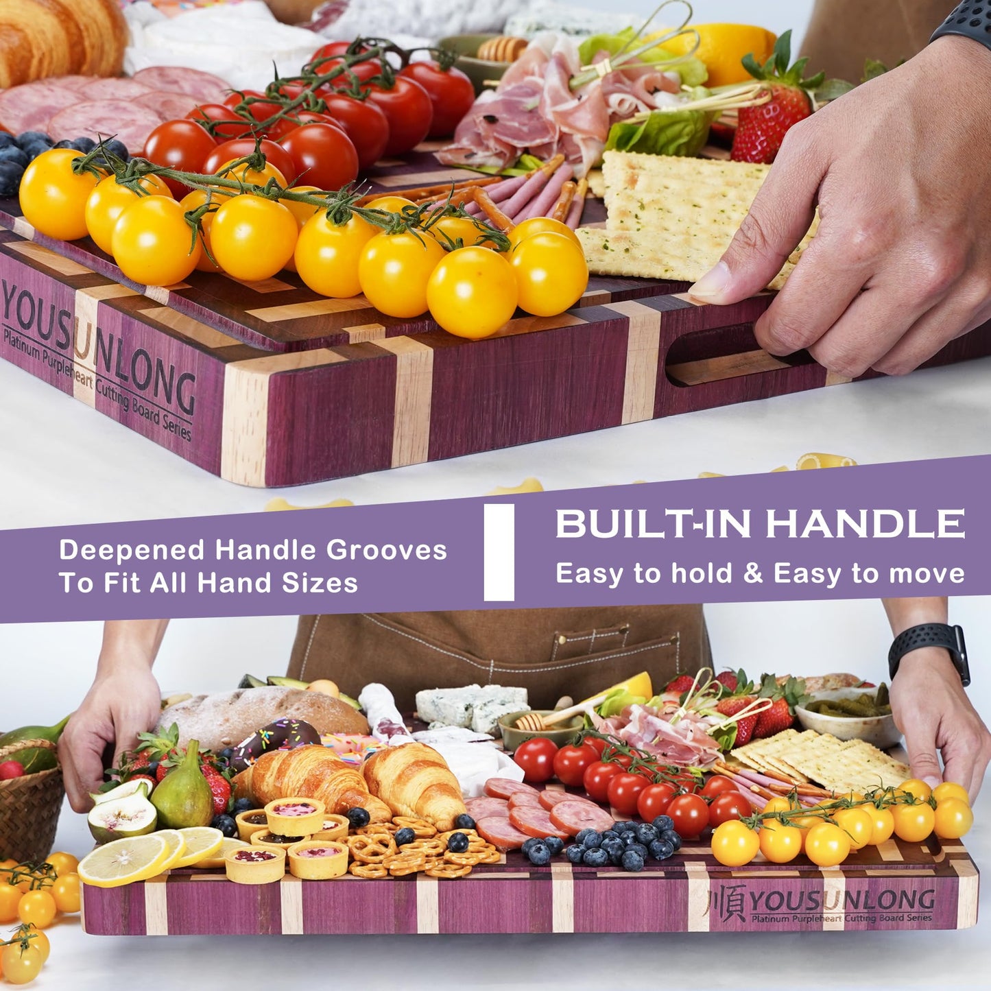 YOUSUNLONG Extra Large Cutting Board End Grain Purple Heart Wood - Thickened-Heavy Duty Butcher Block 24"L x 18"W x 1.5"Th w/Juice Groove and Handle - Serving Tray for Meat & Cheese,Brisket Board