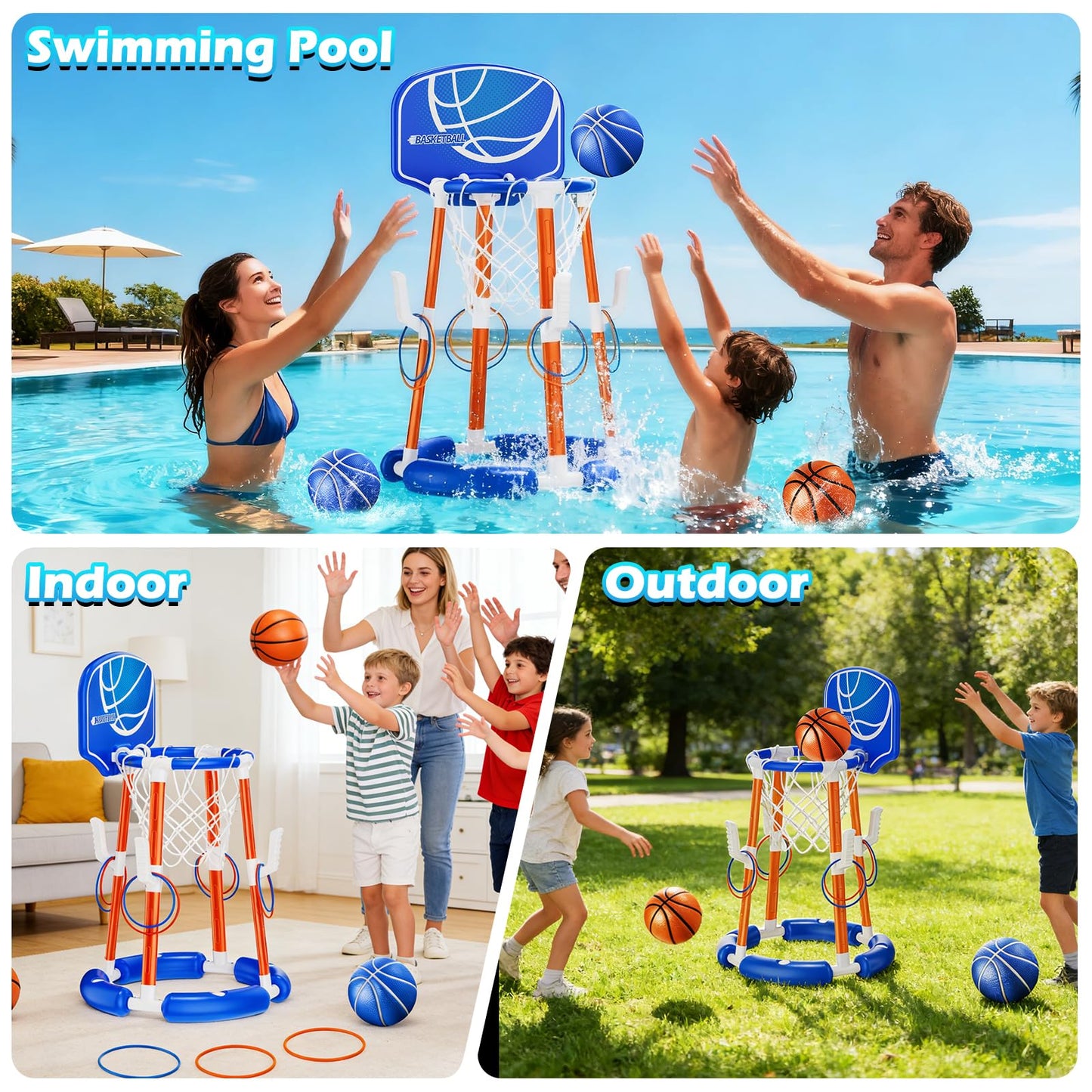 Pool Basketball Hoop with Backboard, Floating Pool Toys for 3-12 Years Old Kids Ring Game with 4 Balls 8 Rings & Pump Outdoor Swimming Pool Basketball Games Water Play Toy Family Party for Kids Adults