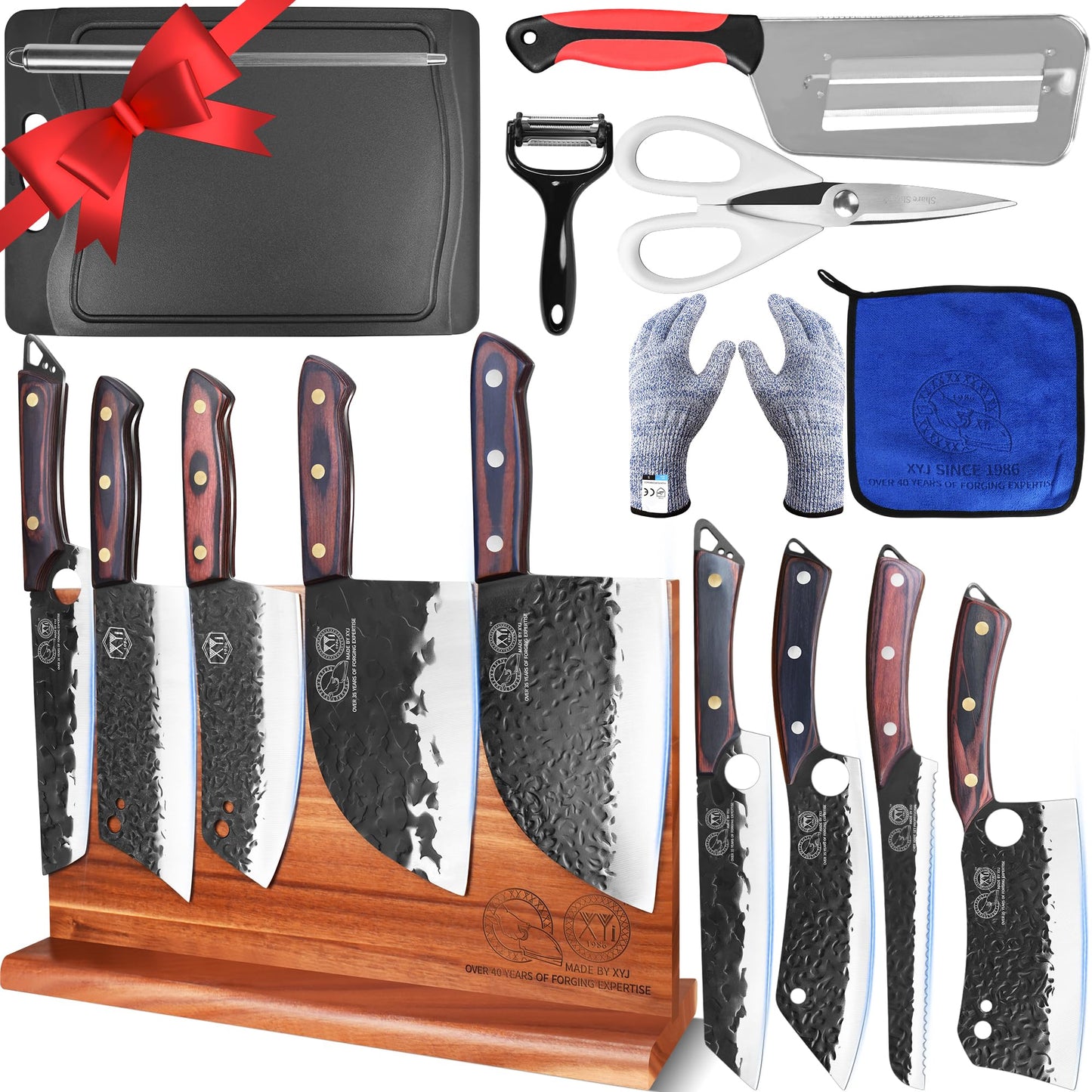 XYJ Knife Set with Block,Scissors,Honing Steel,Cutting Board,Washing Cloth,Gloves,Full Tang,Kitchen Knife Block Set,Meat Cleaver Slicing Bread Cutting Vegetable Butcher Knives,Pakkawood Handle